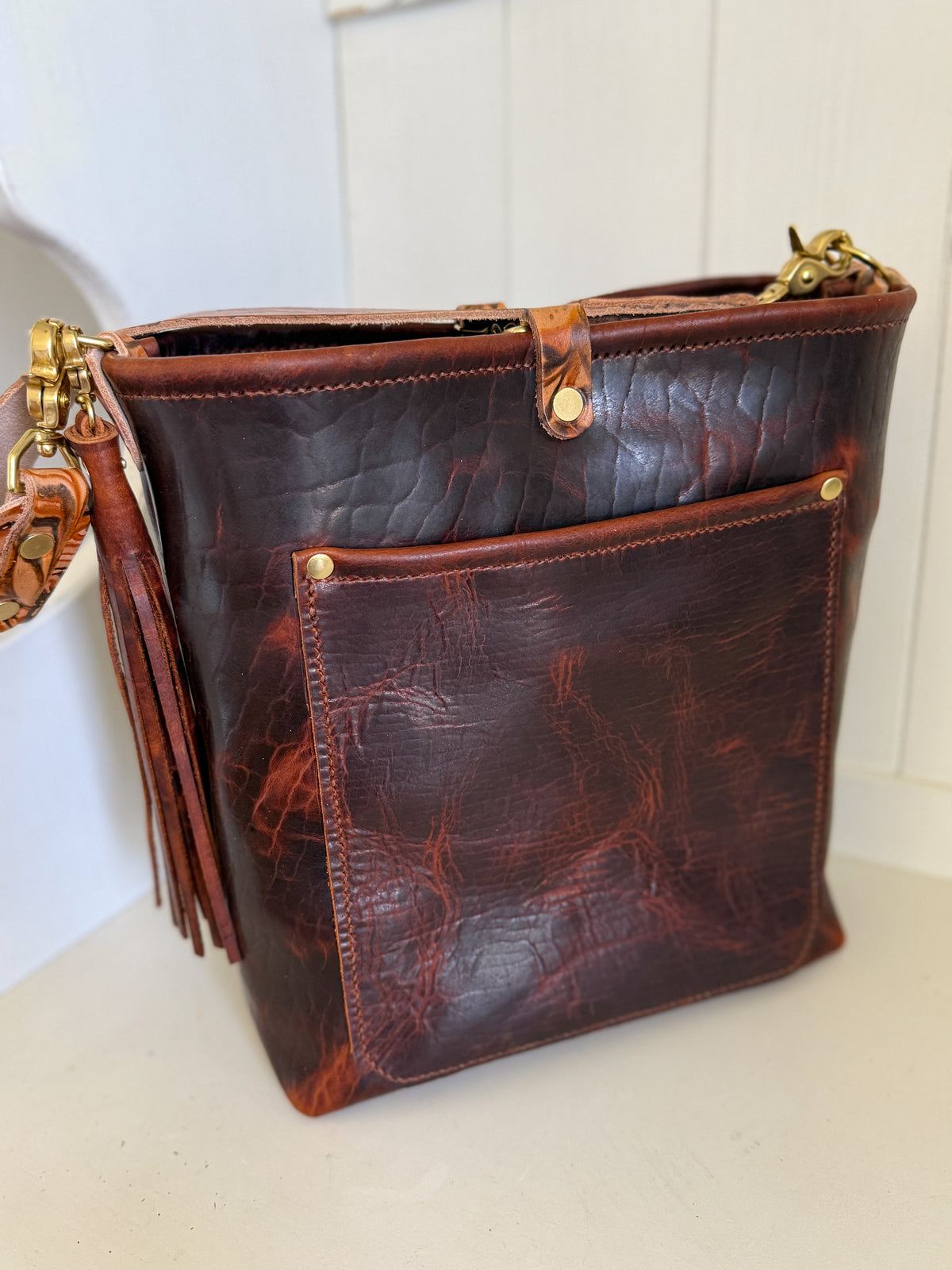 Bennett Bucket in Coffee Full Grain Bison Leather w/Dyed Strap
