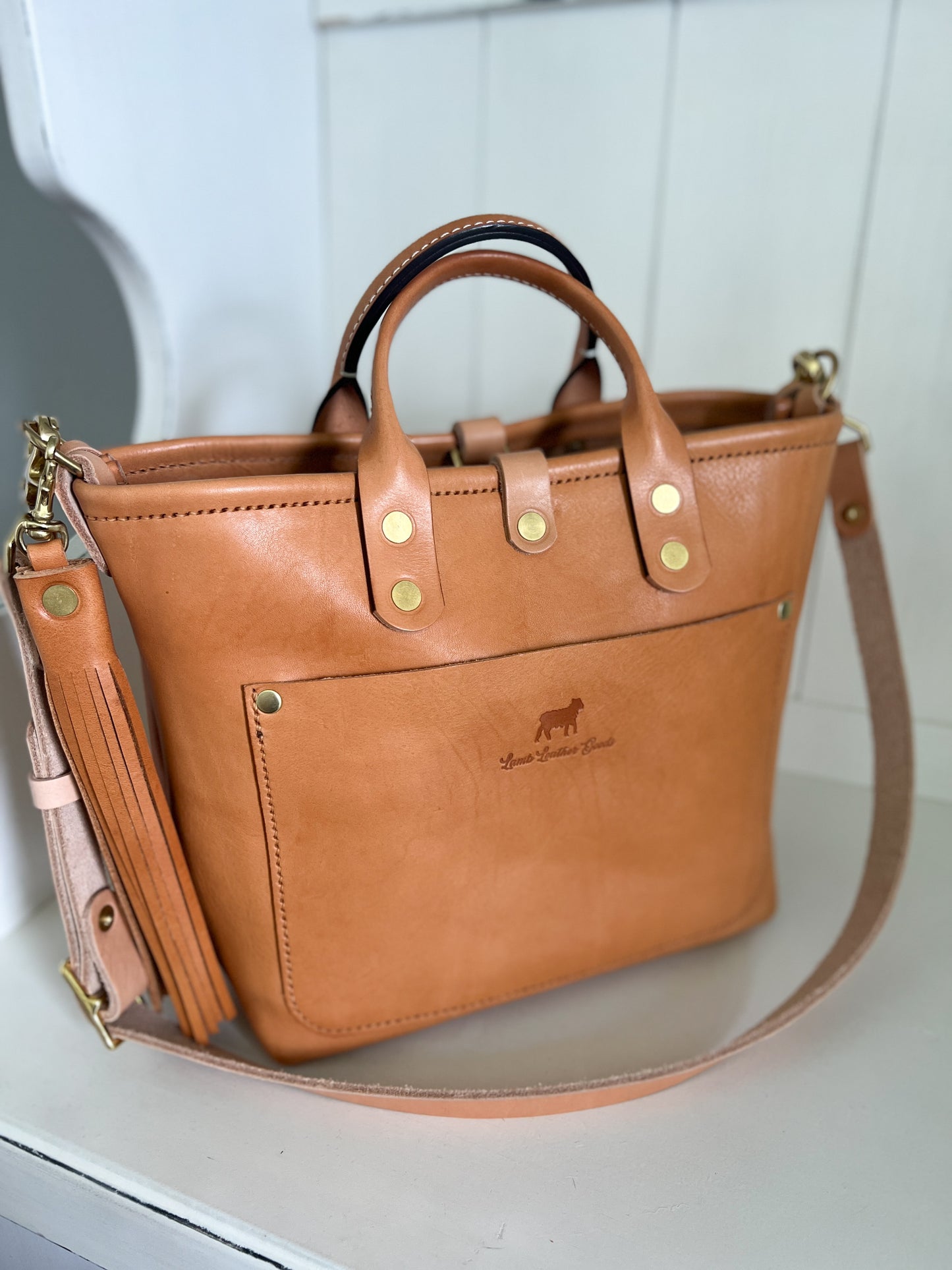 Brookie Medium Crossbody Tote in Natural Italian Full Grain Vegetable Tanned Leather