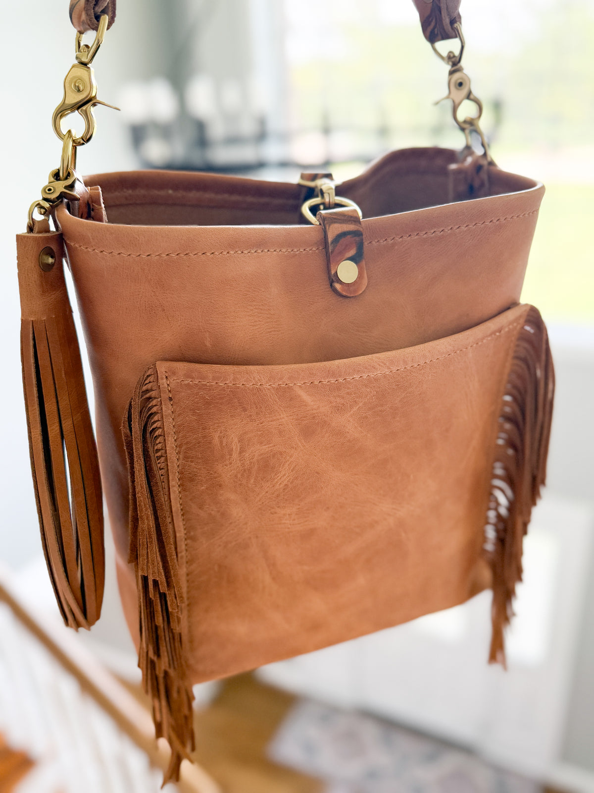 Western Bennett Bucket in Horween Natural Derby w/fringe and Candy Strap