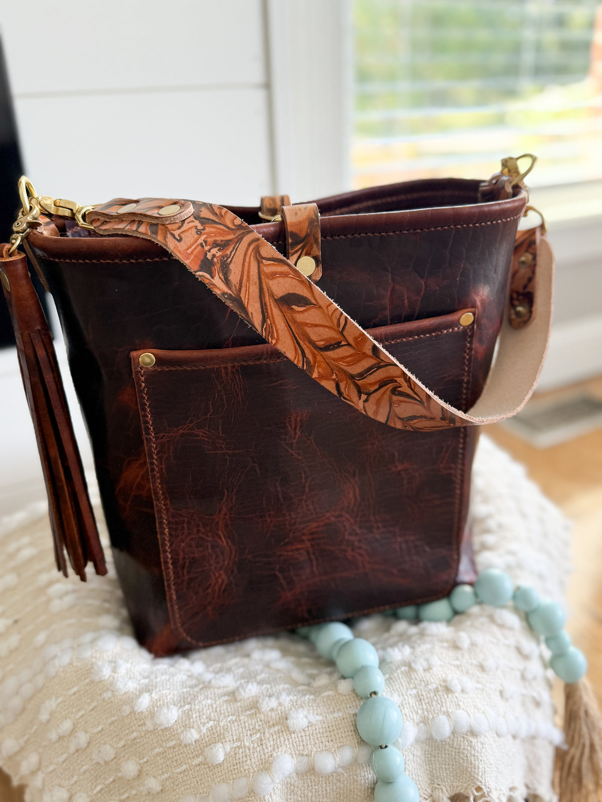 Bennett Bucket in Coffee Full Grain Bison Leather w/Dyed Strap