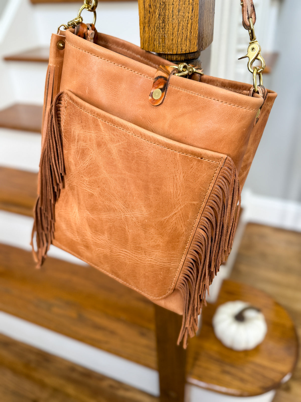 Western Bennett Bucket in Horween Natural Derby w/fringe and Candy Strap