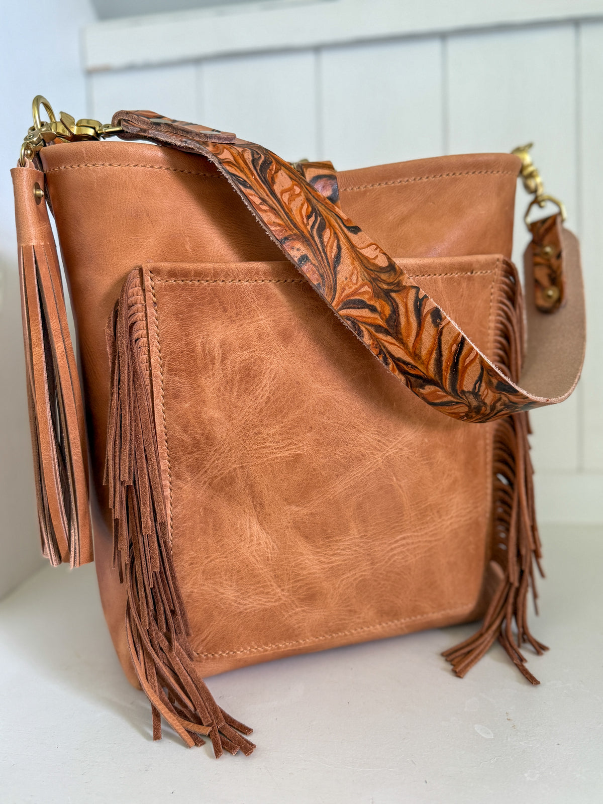 Western Bennett Bucket in Horween Natural Derby w/fringe and Candy Strap