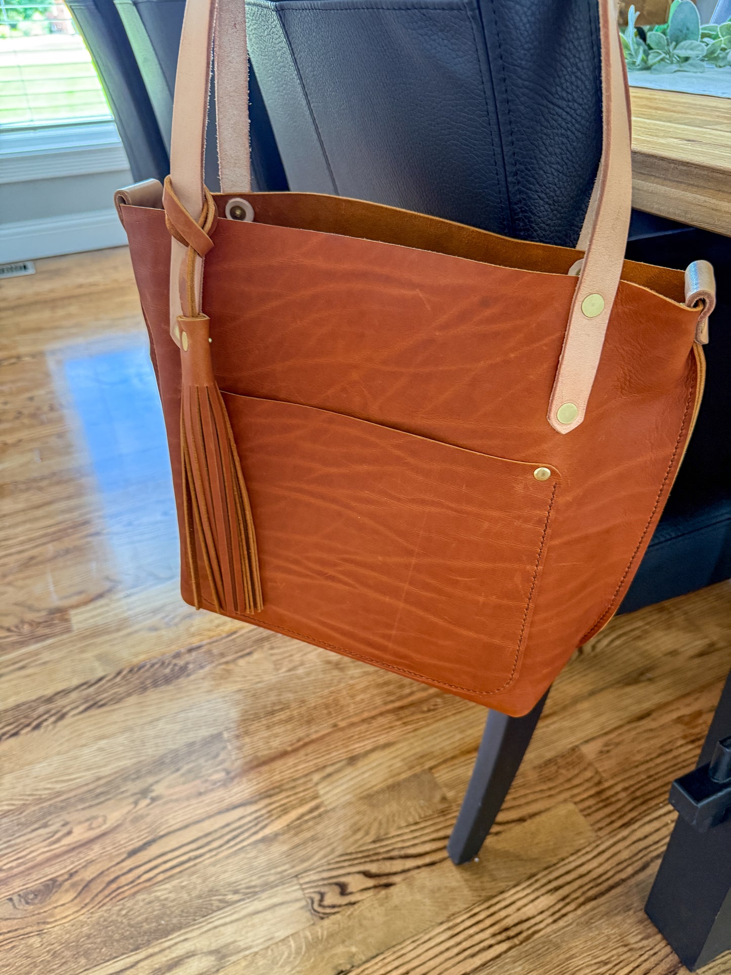 East West Tote in Tawny Full Grain Leather with foot/base