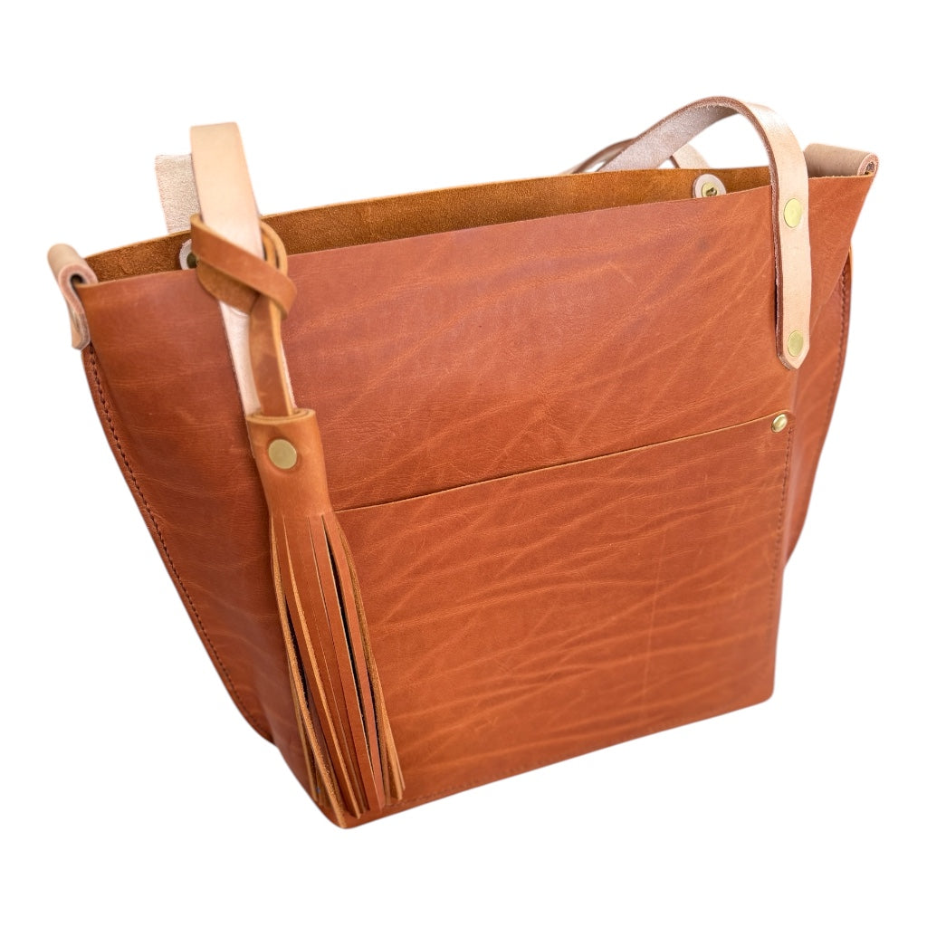 East West Tote in Tawny Full Grain Leather with foot/base