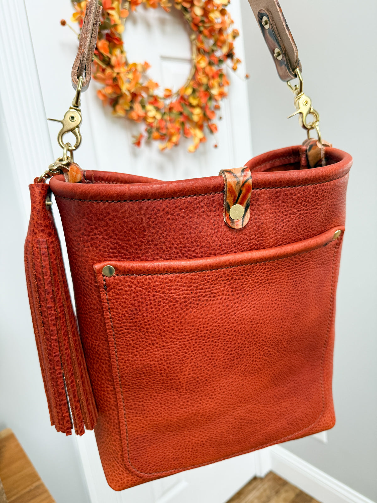 Bennett Bucket in Brick Bison Full Grain Leather w/Candy Strap