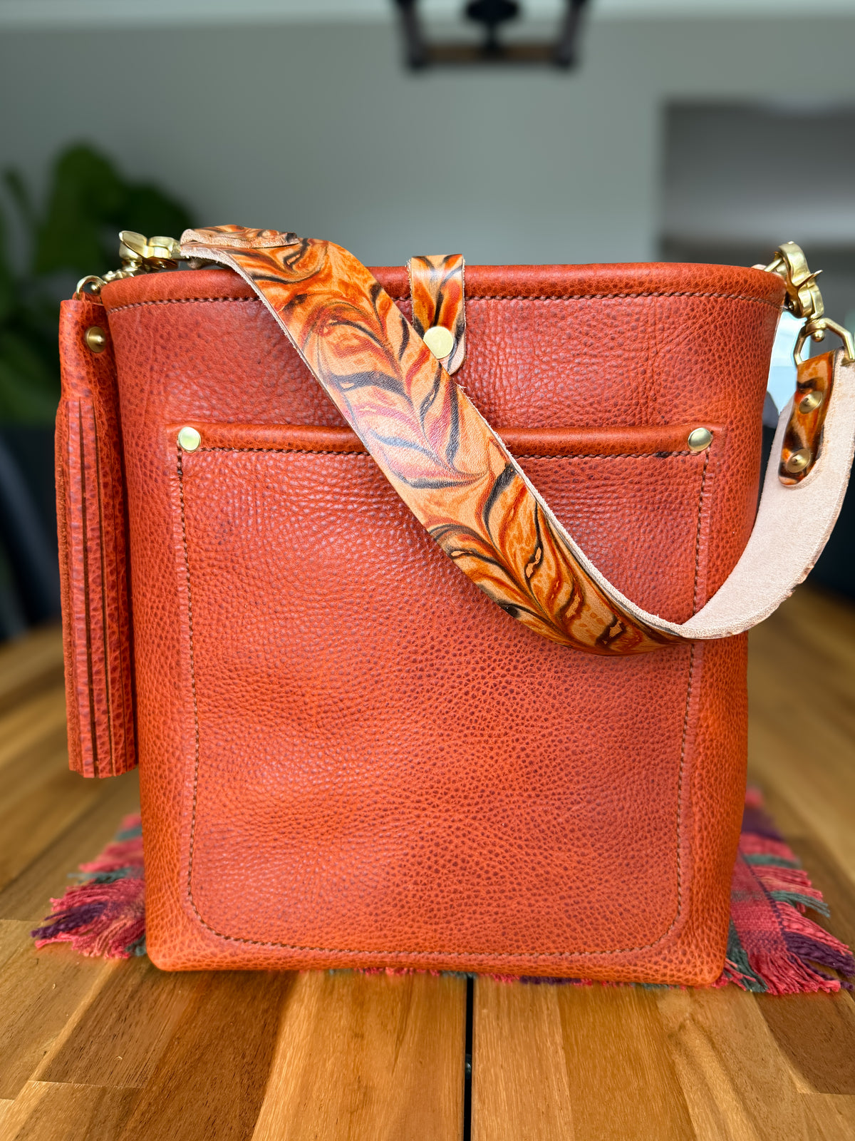 Bennett Bucket in Brick Bison Full Grain Leather w/Candy Strap