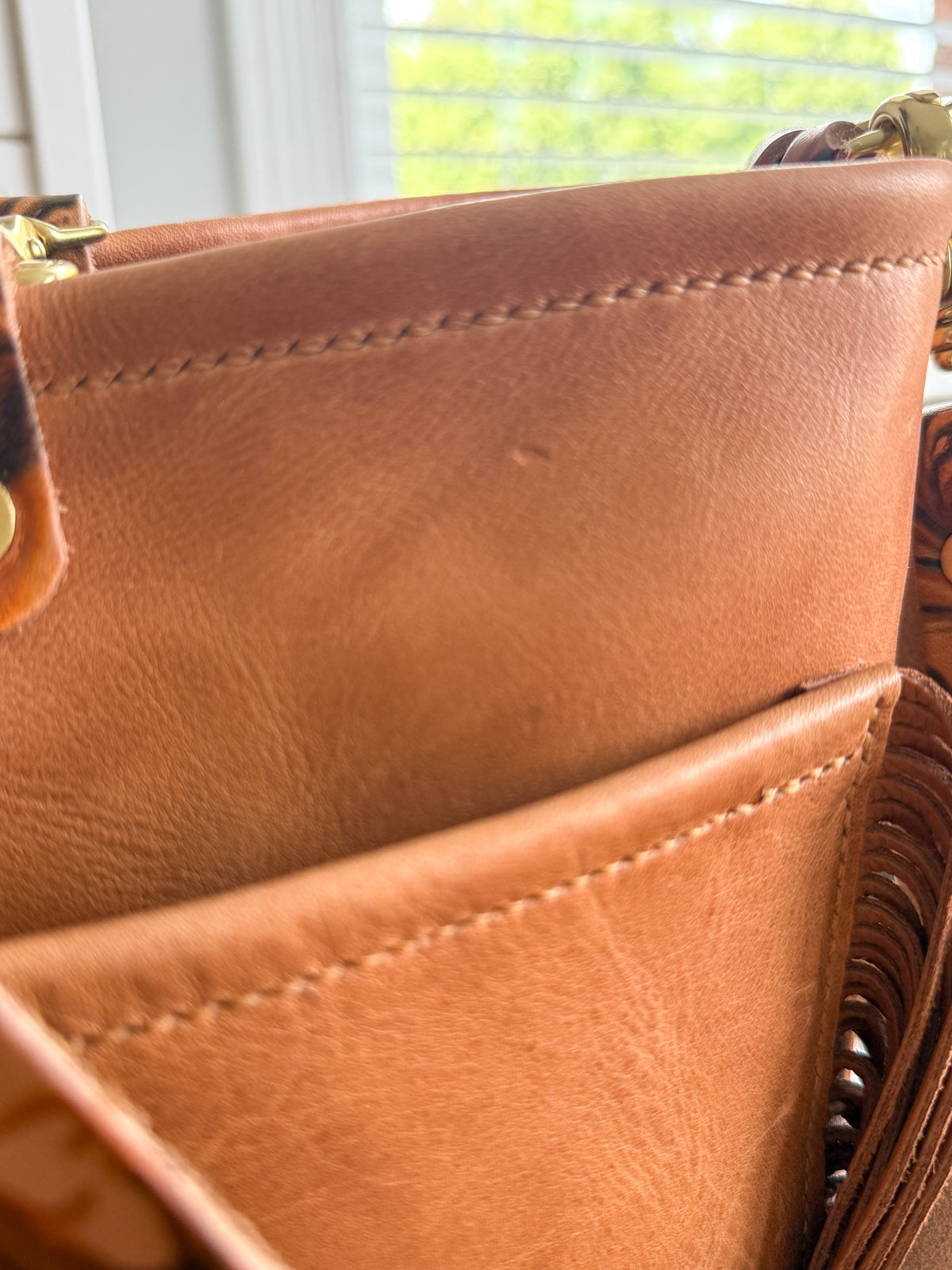 Western Bennett Bucket in Horween Natural Derby w/fringe and Candy Strap