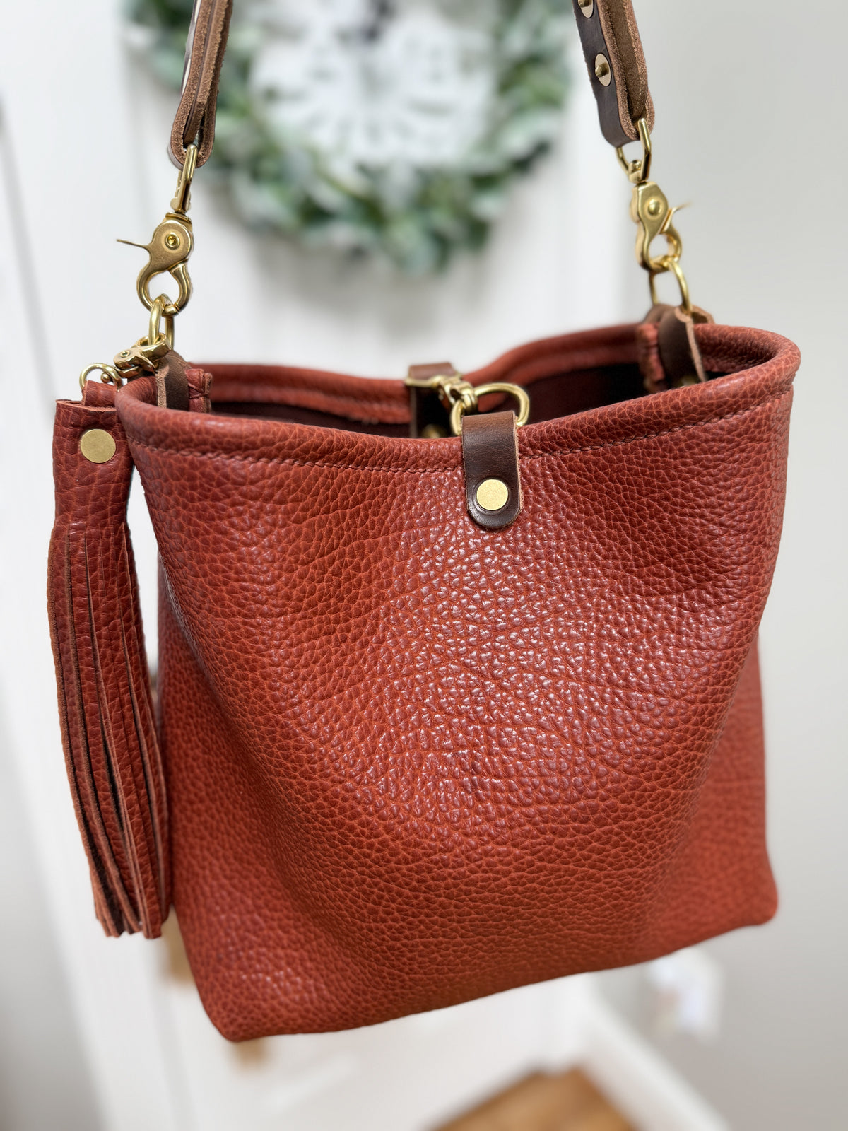 Hobo Bucket in Chestnut Full Grain Bison Leather