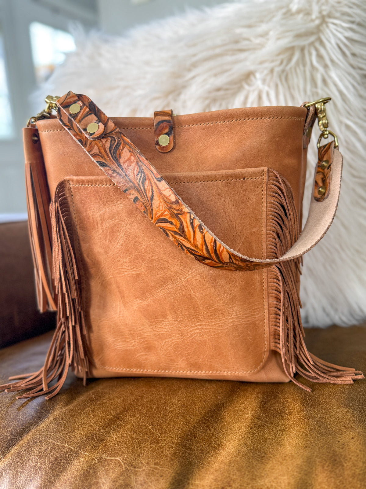 Western Bennett Bucket in Horween Natural Derby w/fringe and Candy Strap