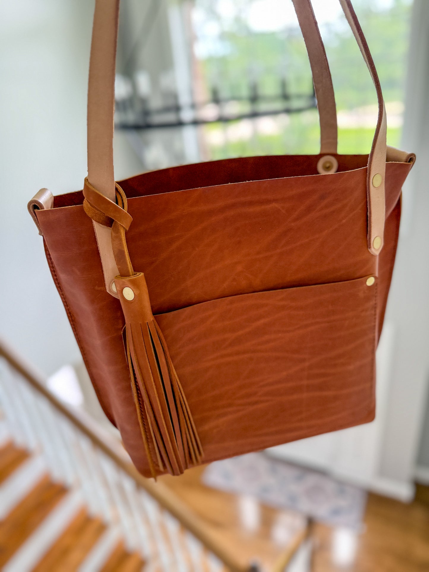 East West Tote in Tawny Full Grain Leather with foot/base
