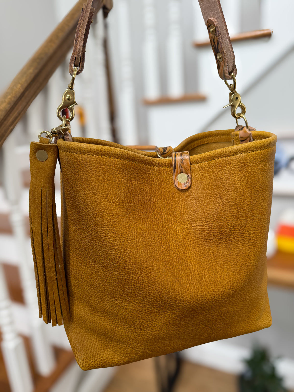 Hobo Bucket in Goldenrod Full Grain Bison w/Candy Strap
