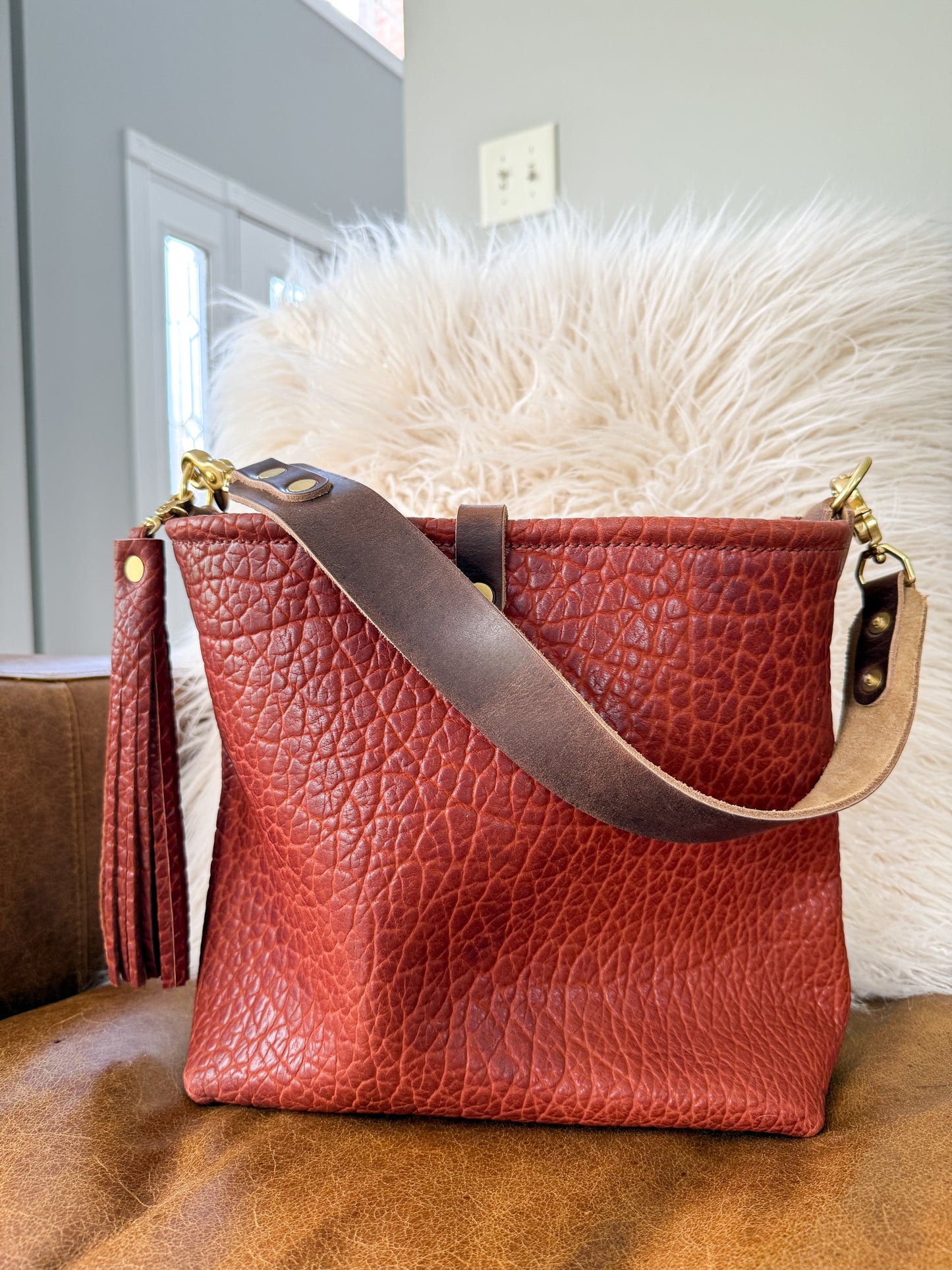 Hobo Bucket in Chestnut Full Grain Bison Leather