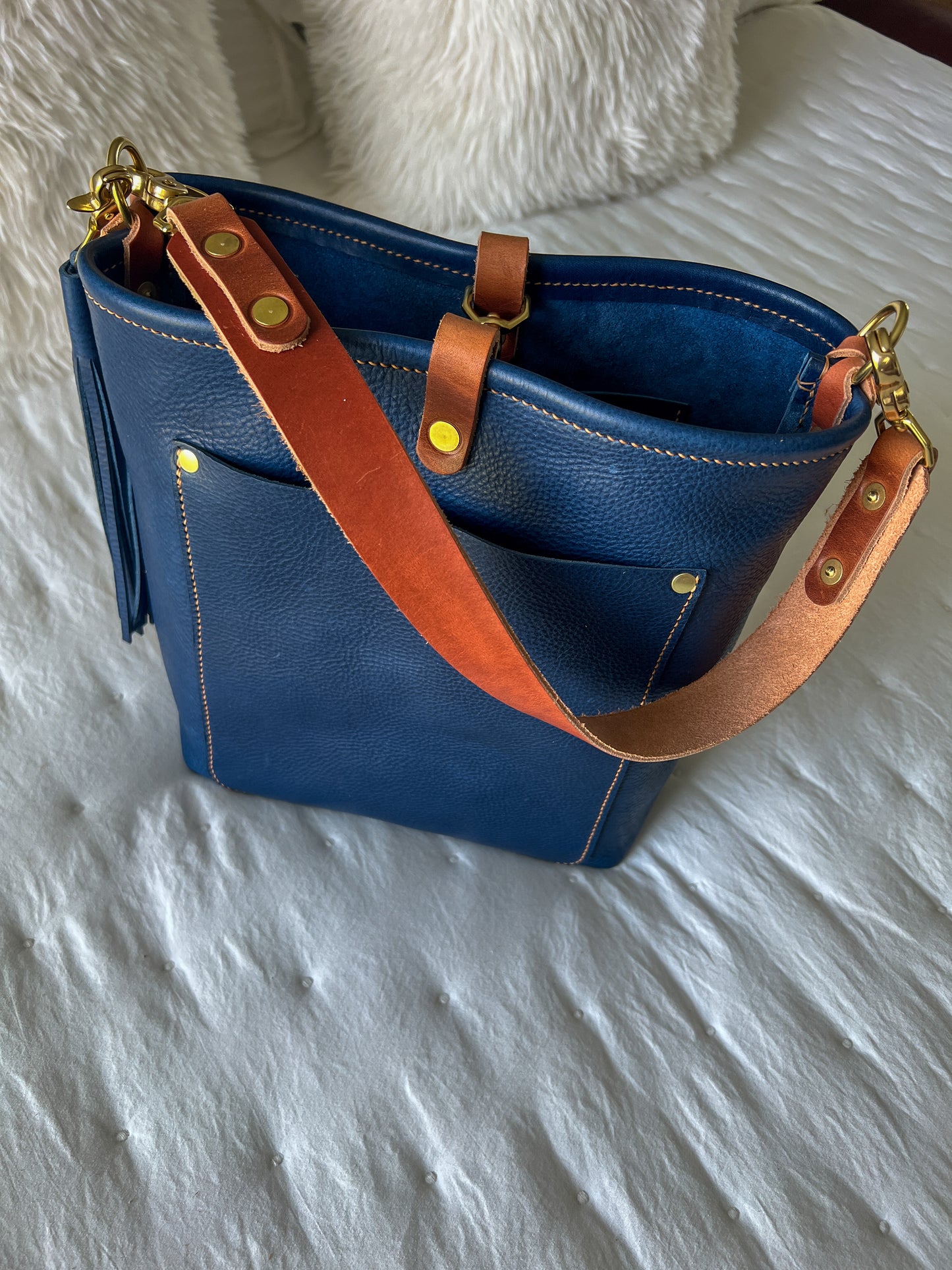 Bennett Bucket in Italian Denim Blue Vachetta Leather