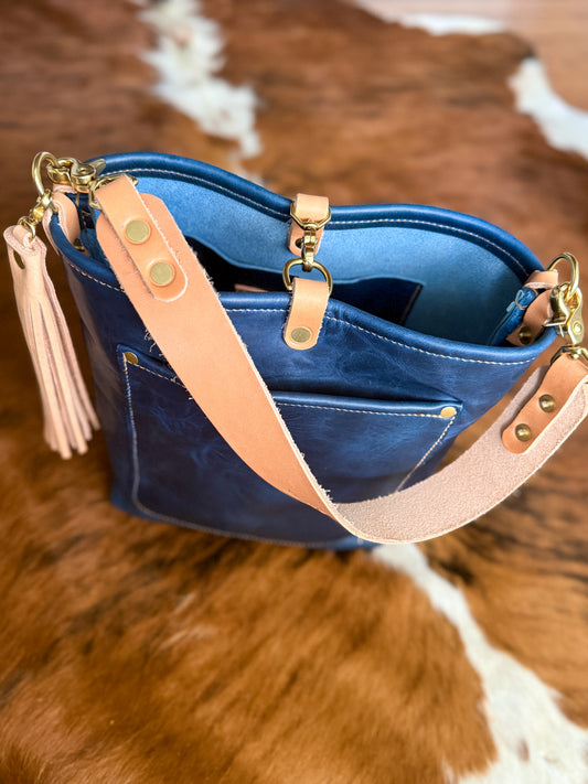Bennett Bucket in Horween Cobalt Derby Veg Tan Leather