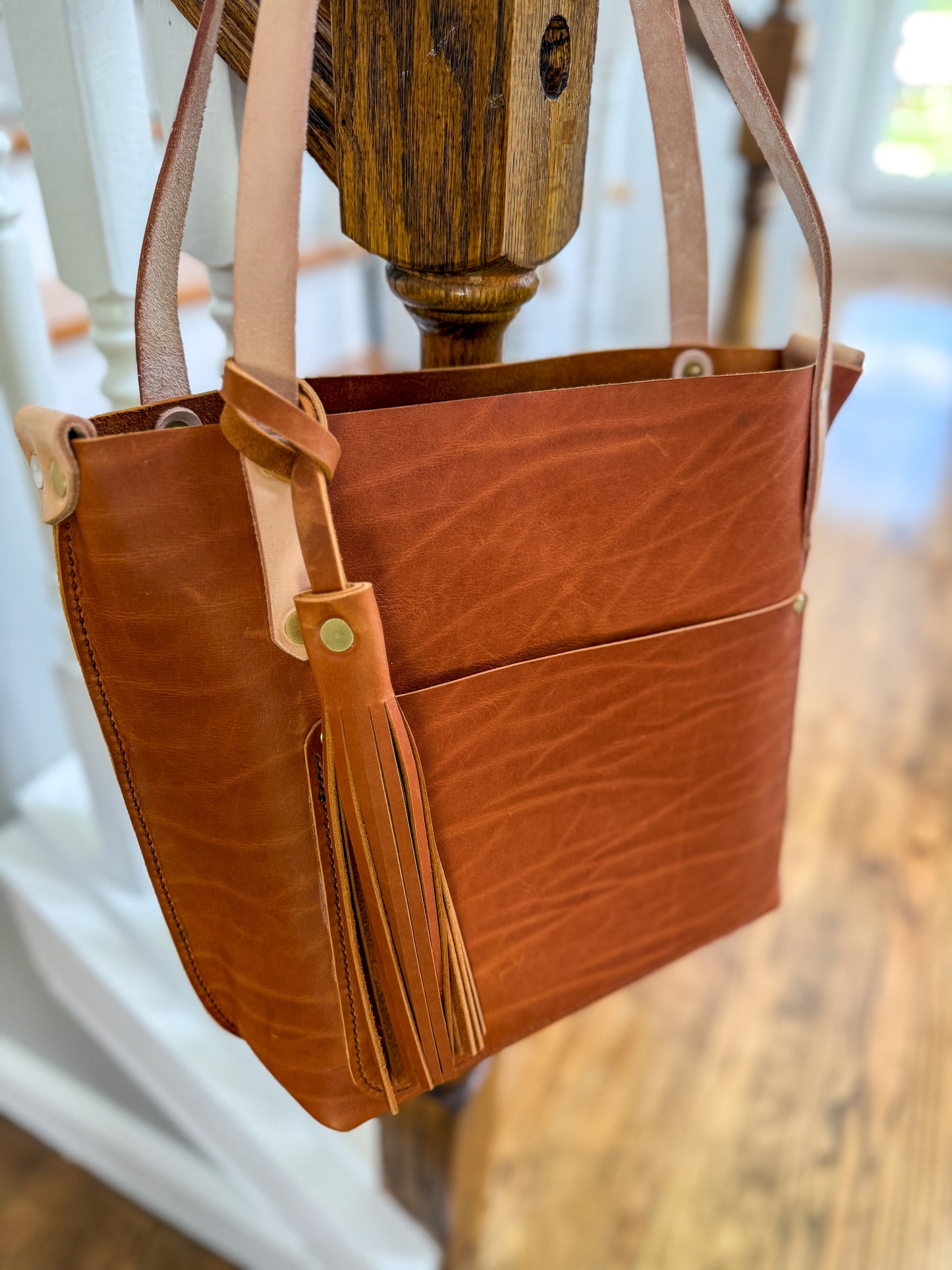 East West Tote in Tawny Full Grain Leather with foot/base
