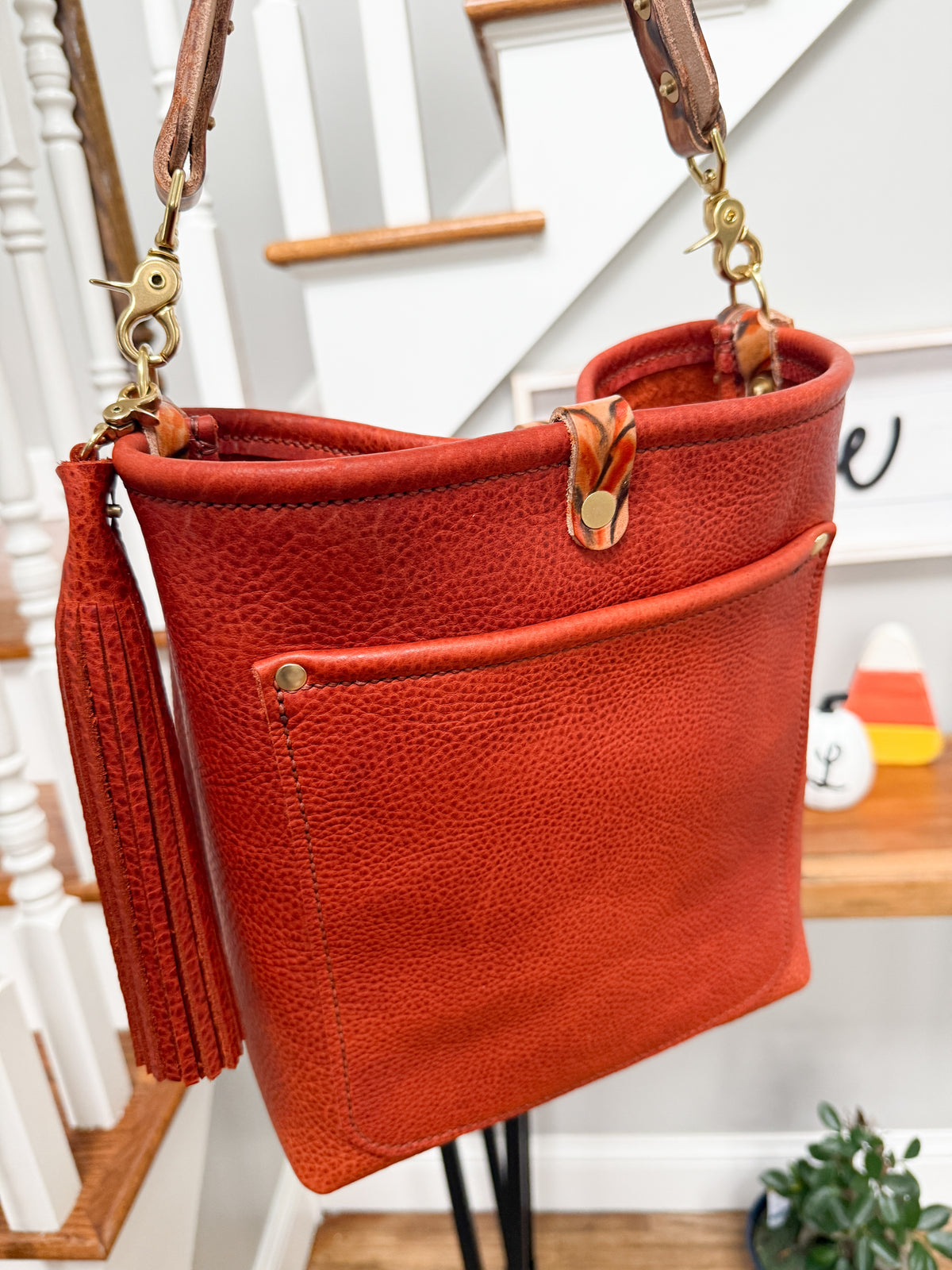 Bennett Bucket in Brick Bison Full Grain Leather w/Candy Strap