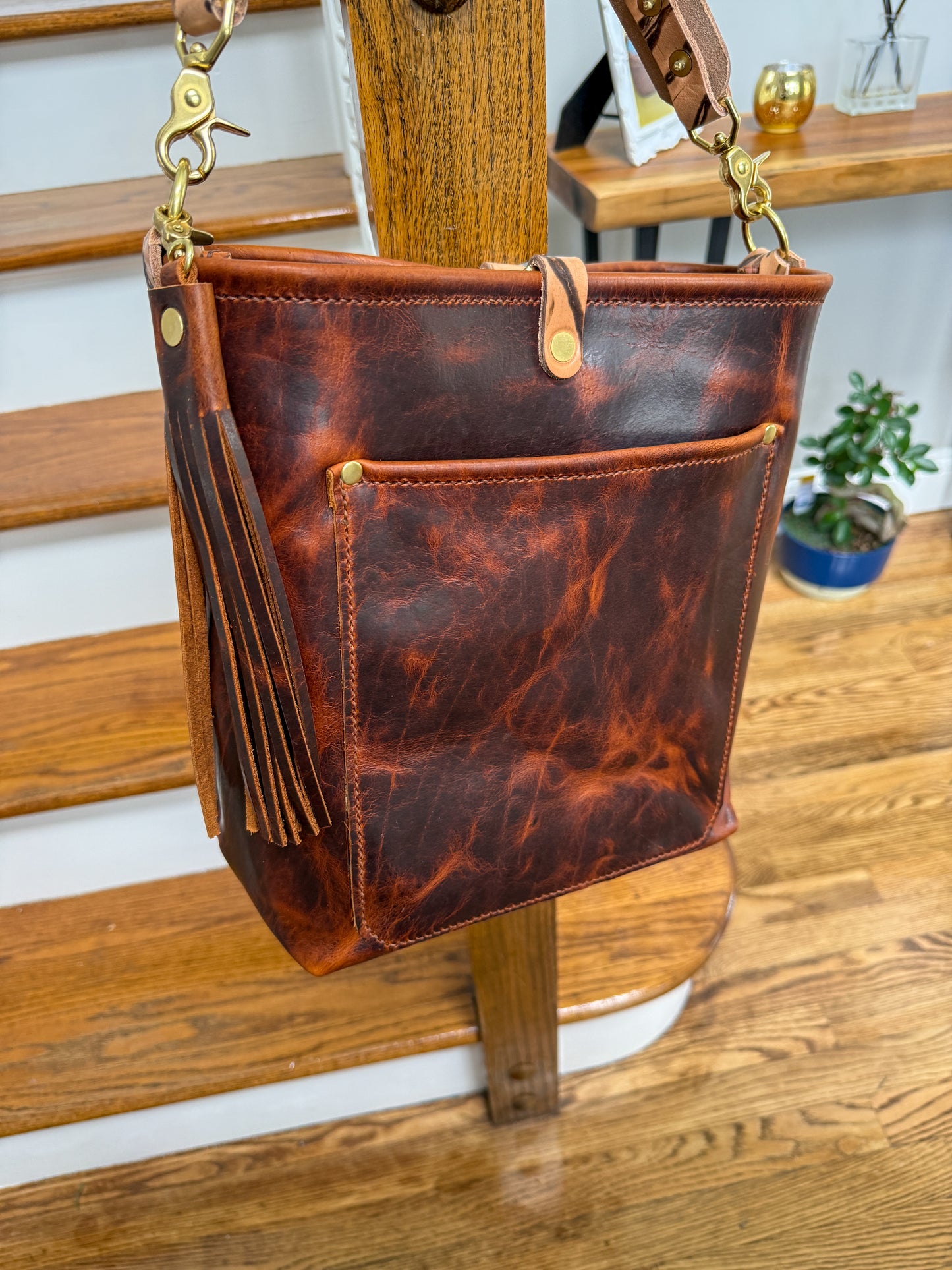 Bennett Bucket in Coffee Full Grain Bison Leather w/Dyed Strap
