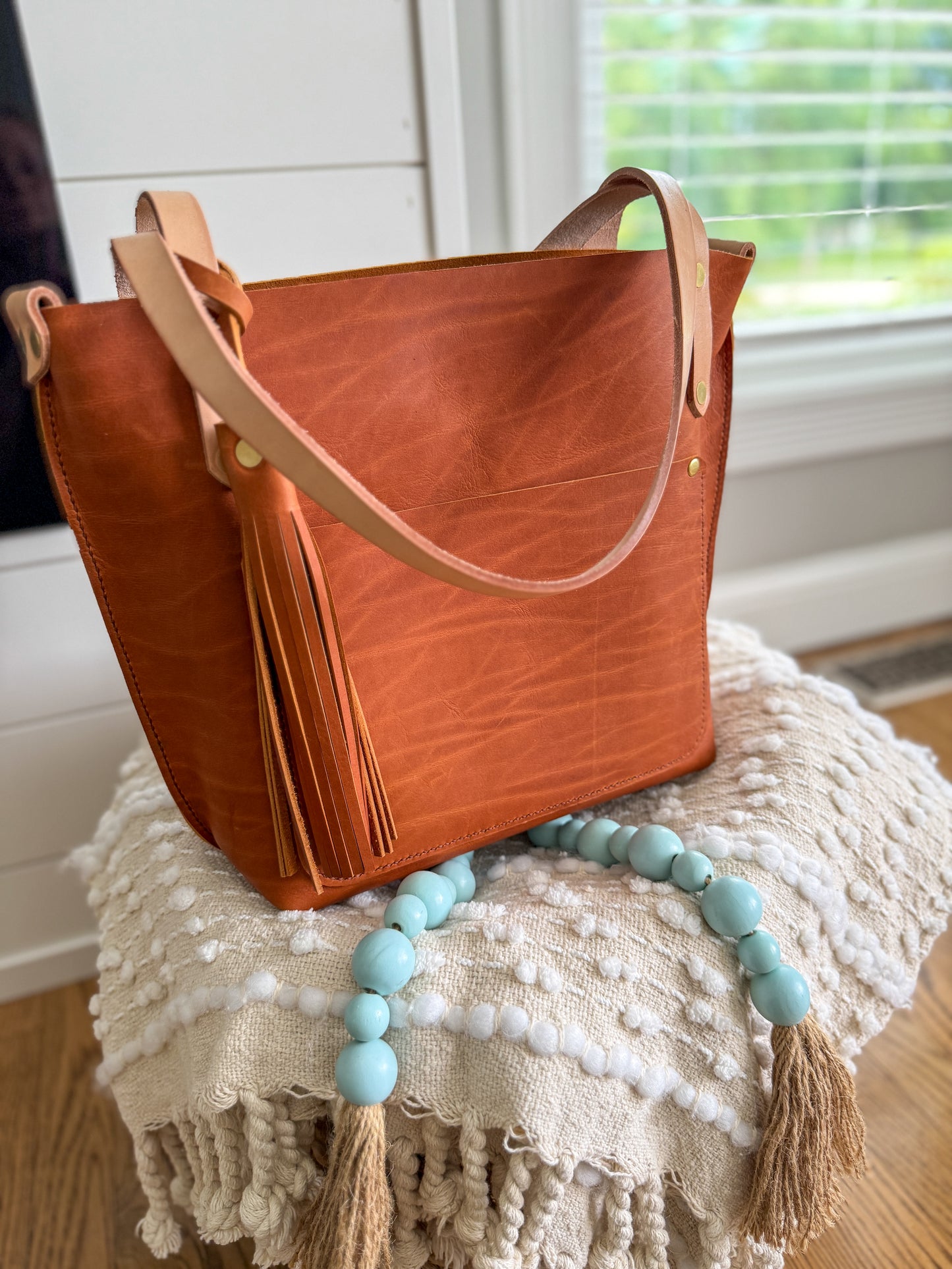 East West Tote in Tawny Full Grain Leather with foot/base