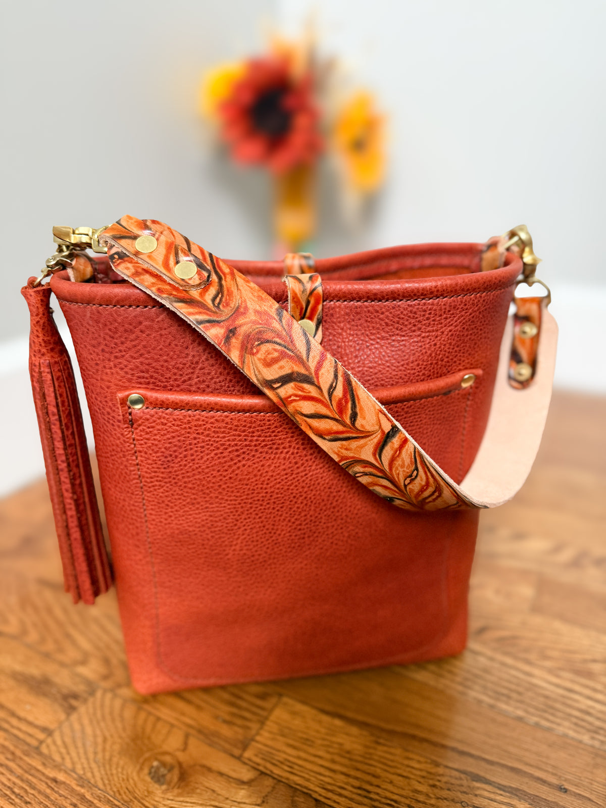 Bennett Bucket in Brick Bison Full Grain Leather w/Candy Strap