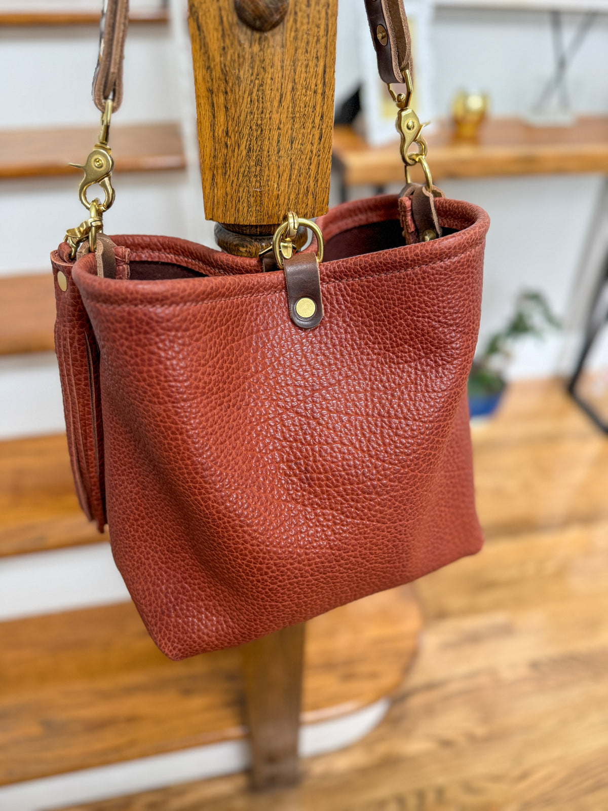 Hobo Bucket in Chestnut Full Grain Bison Leather