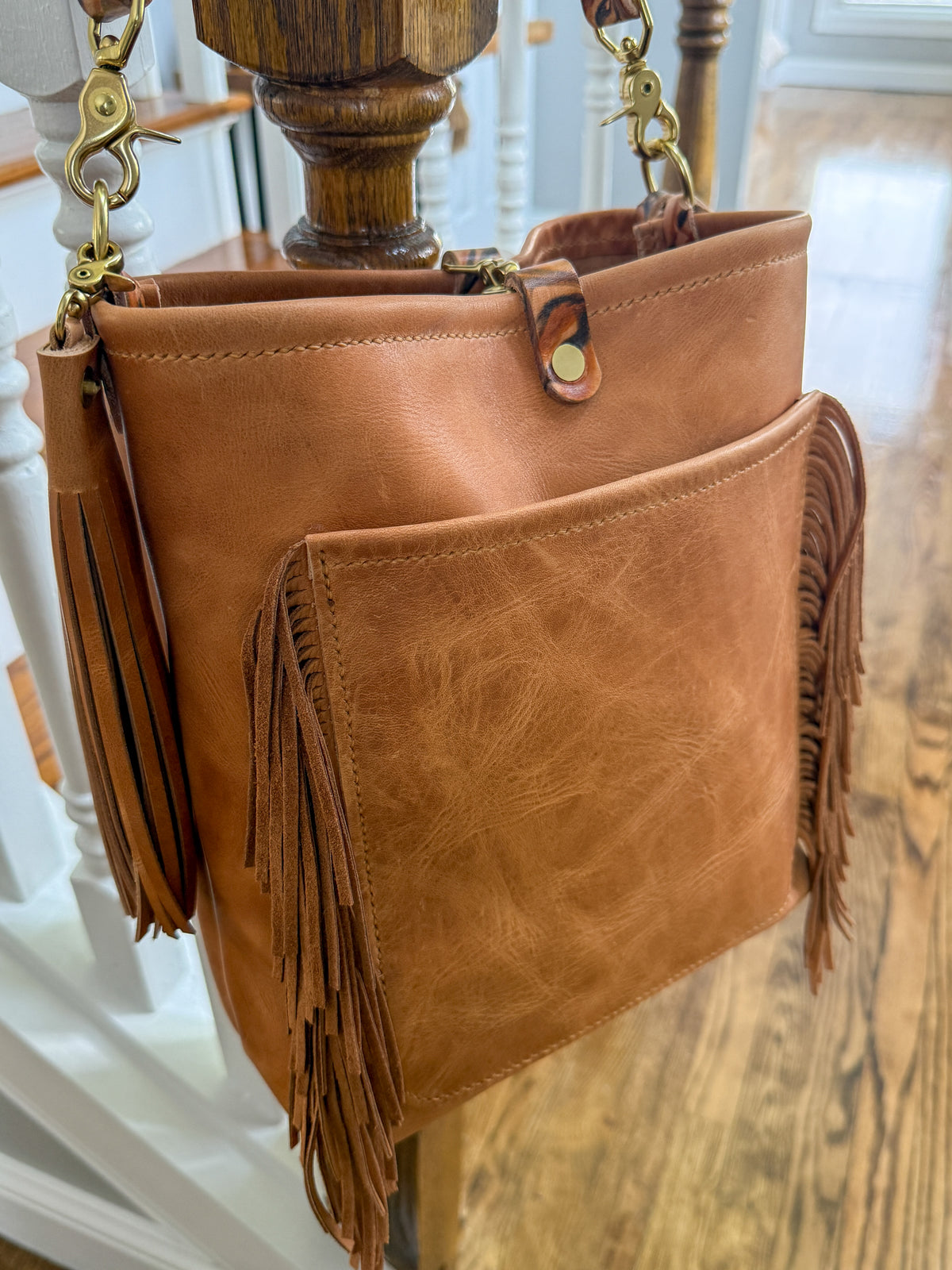 Western Bennett Bucket in Horween Natural Derby w/fringe and Candy Strap