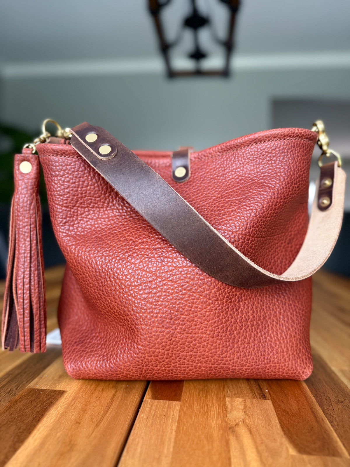 Hobo Bucket in Chestnut Full Grain Bison Leather