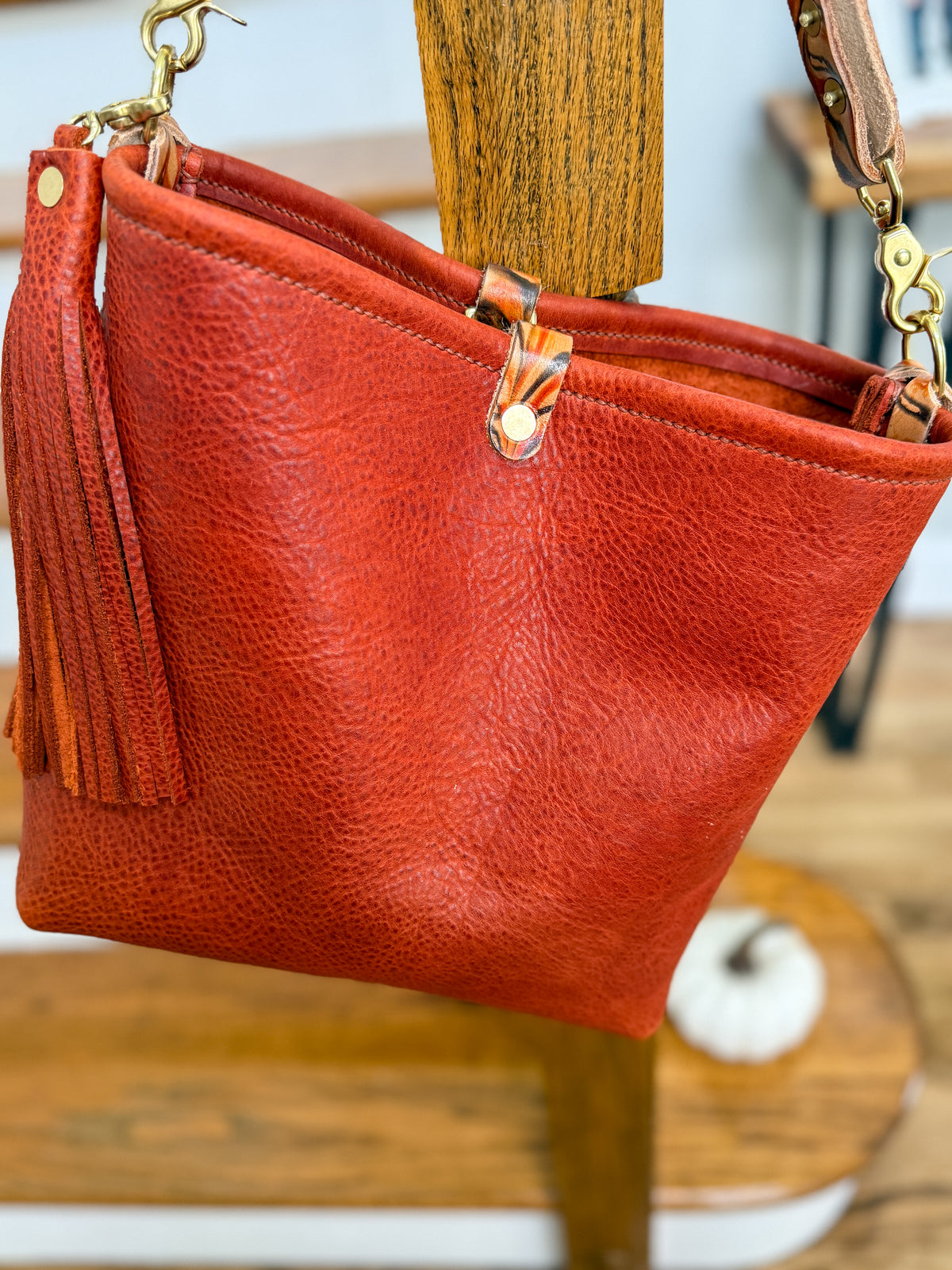 Hobo Bucket in Brick Full Grain Bison w/Candy Strap