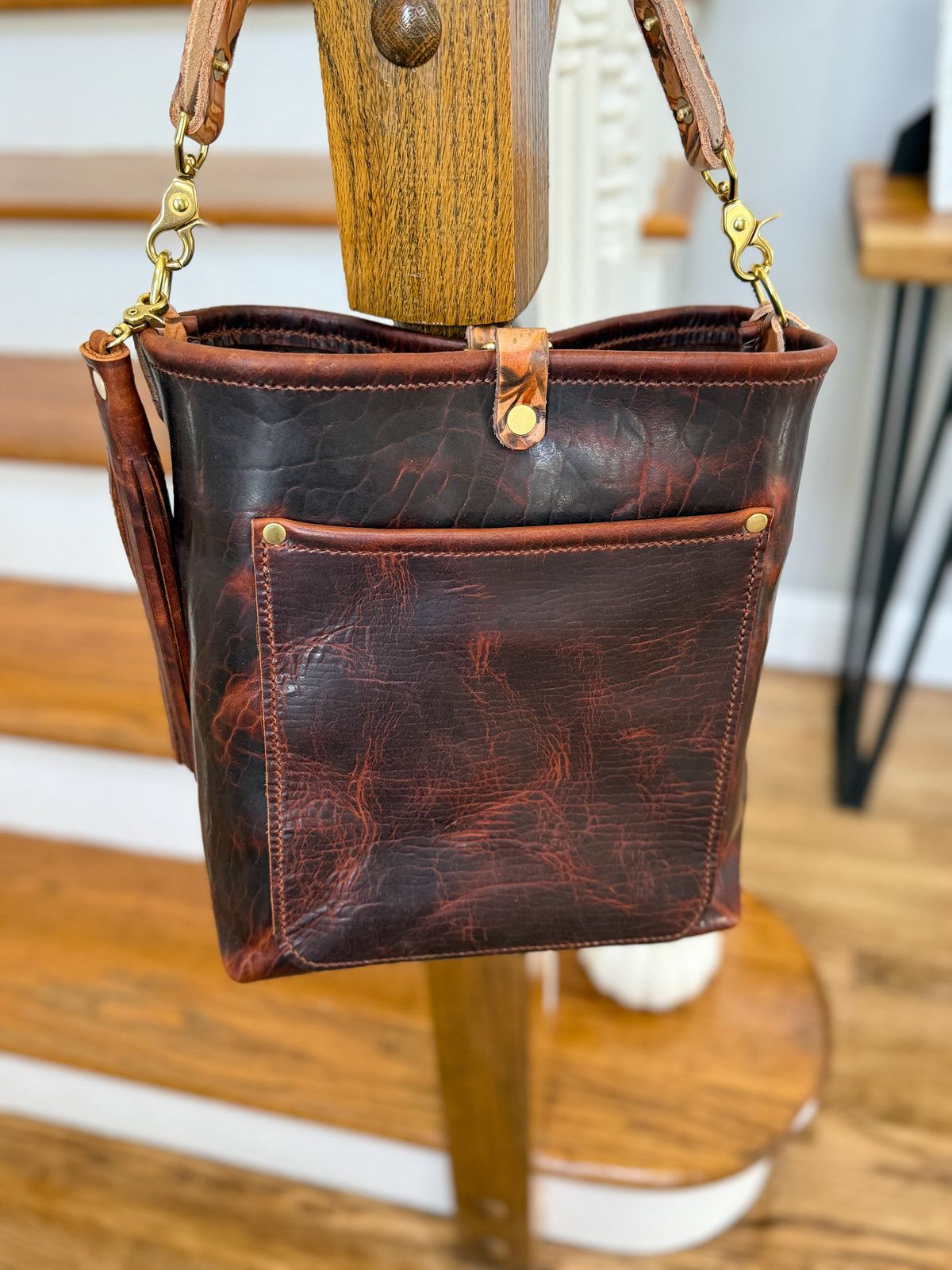 Bennett Bucket in Coffee Full Grain Bison Leather w/Dyed Strap