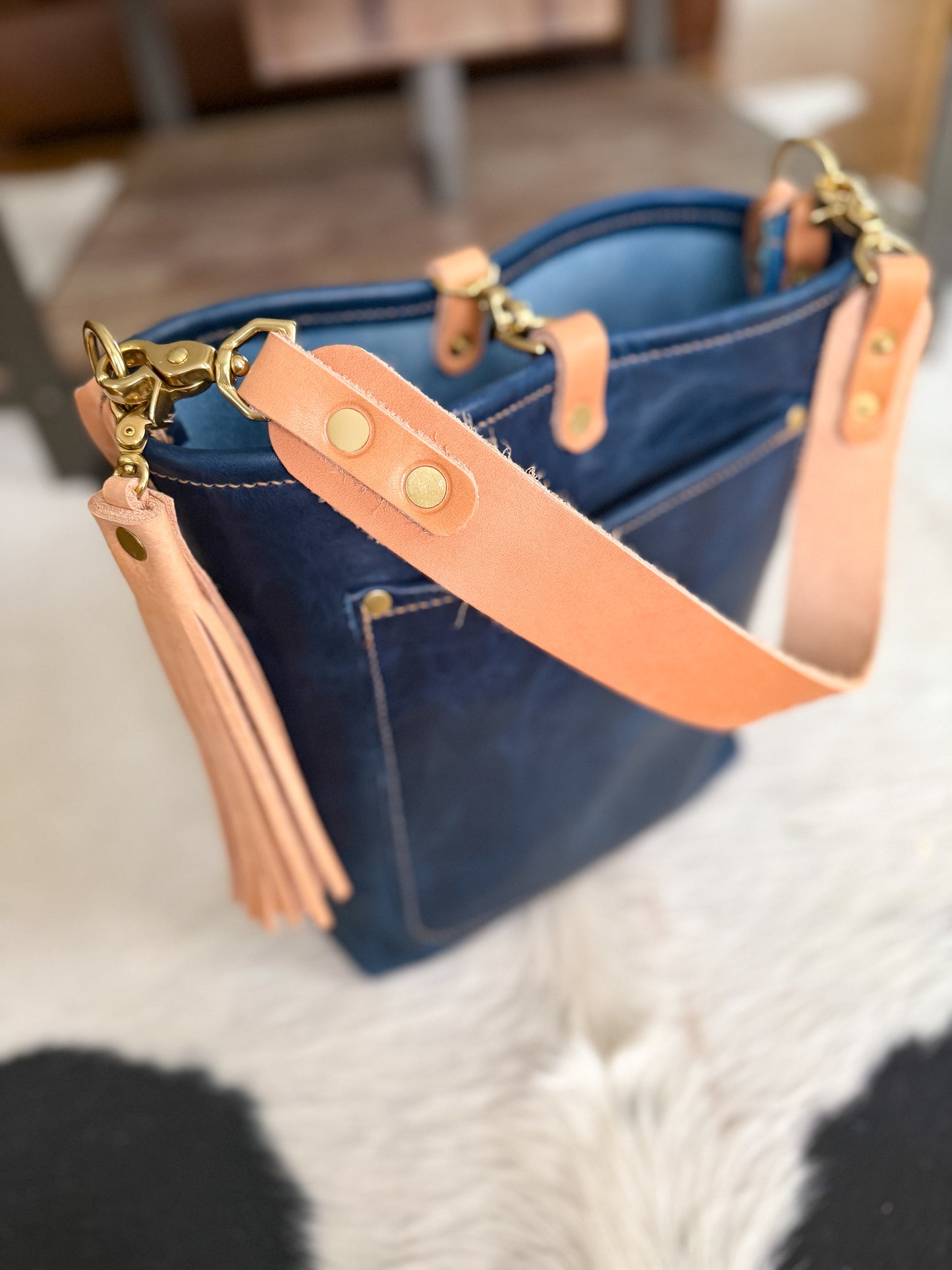 Bennett Bucket in Horween Cobalt Derby Veg Tan Leather