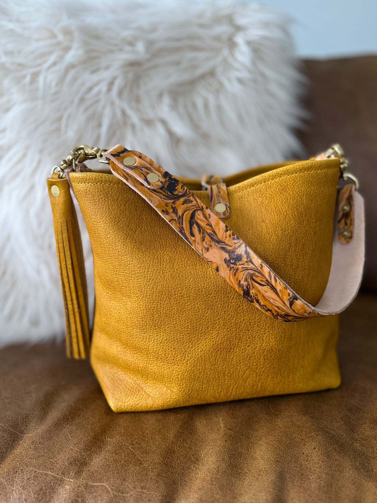 Hobo Bucket in Goldenrod Full Grain Bison w/Candy Strap