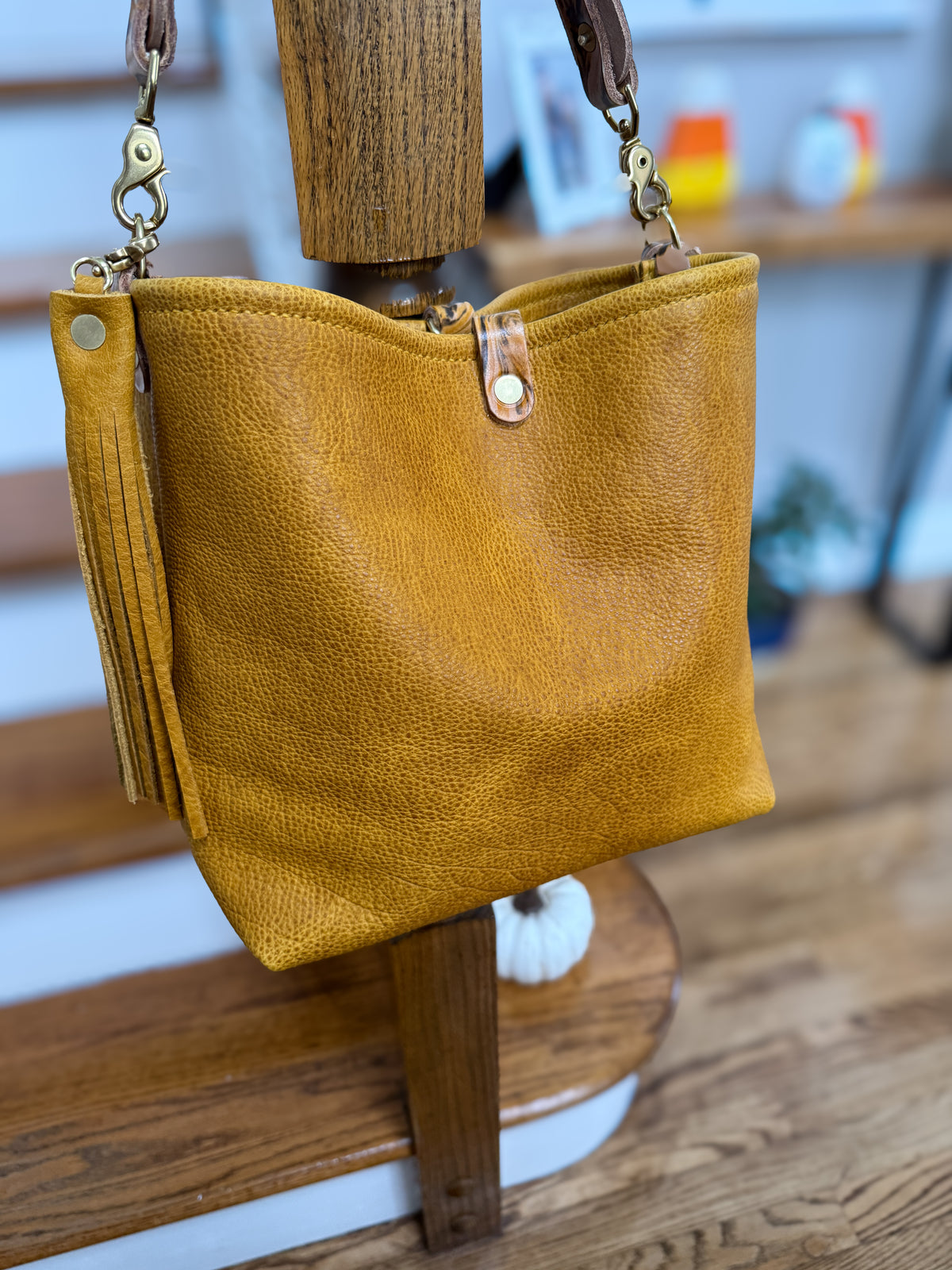Hobo Bucket in Goldenrod Full Grain Bison w/Candy Strap