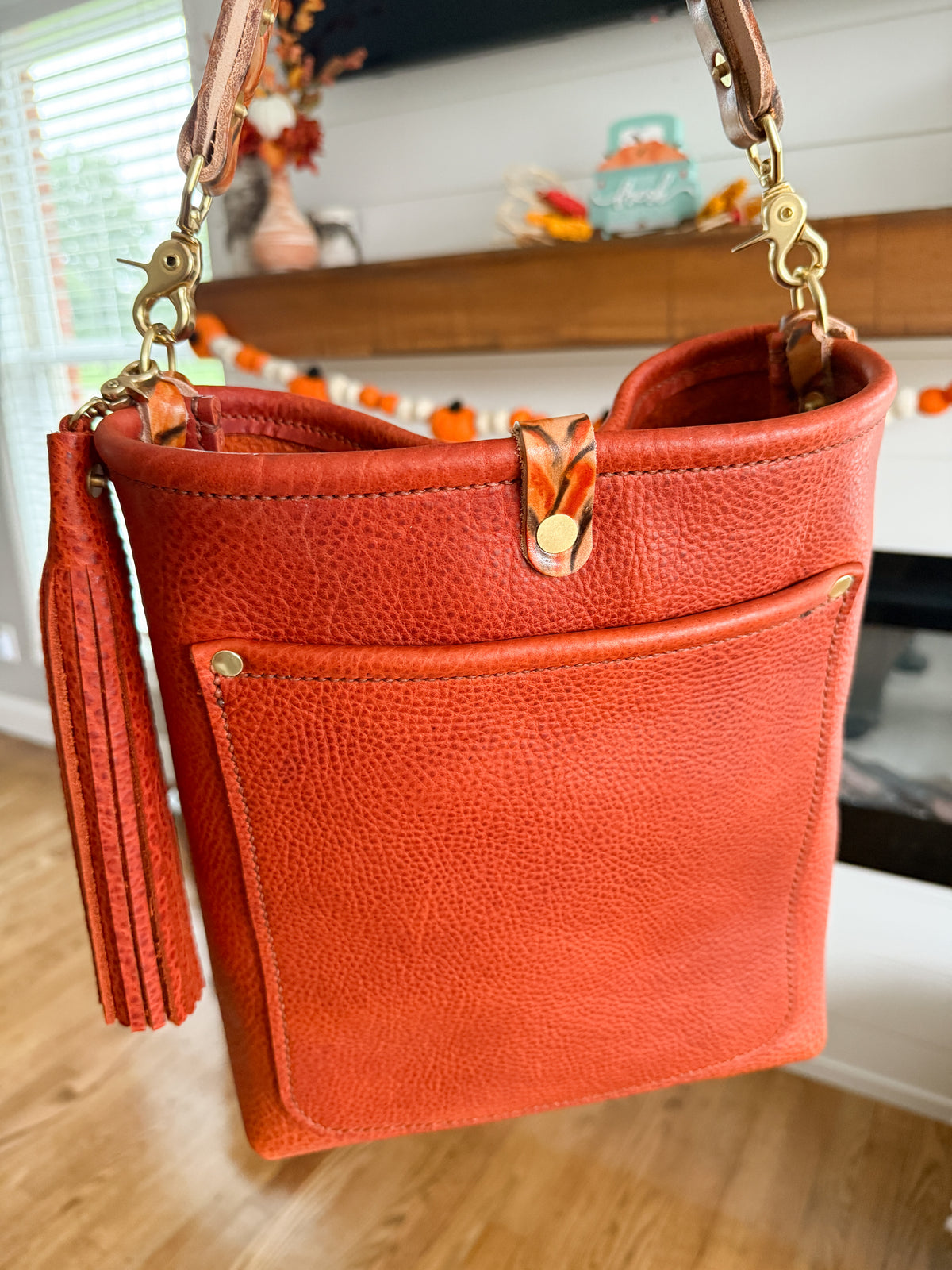 Bennett Bucket in Brick Bison Full Grain Leather w/Candy Strap