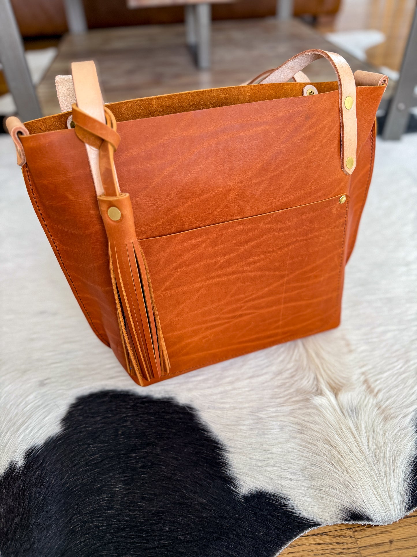 East West Tote in Tawny Full Grain Leather with foot/base