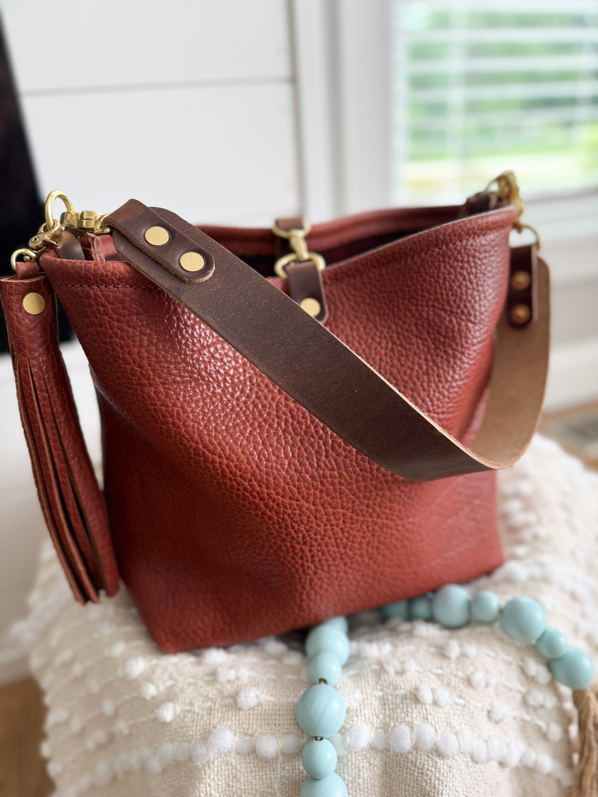 Hobo Bucket in Chestnut Full Grain Bison Leather