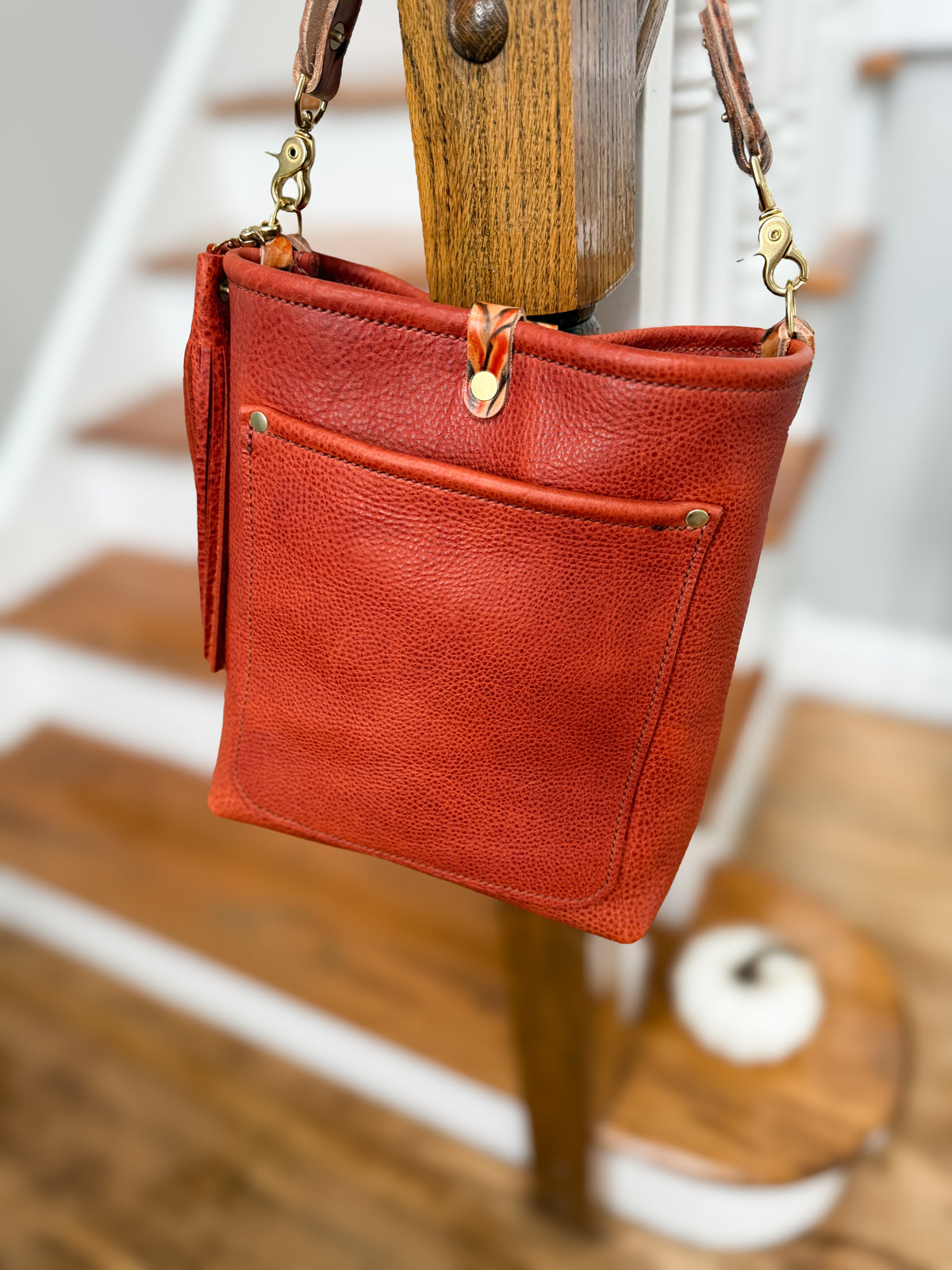 Bennett Bucket in Brick Bison Full Grain Leather w/Candy Strap