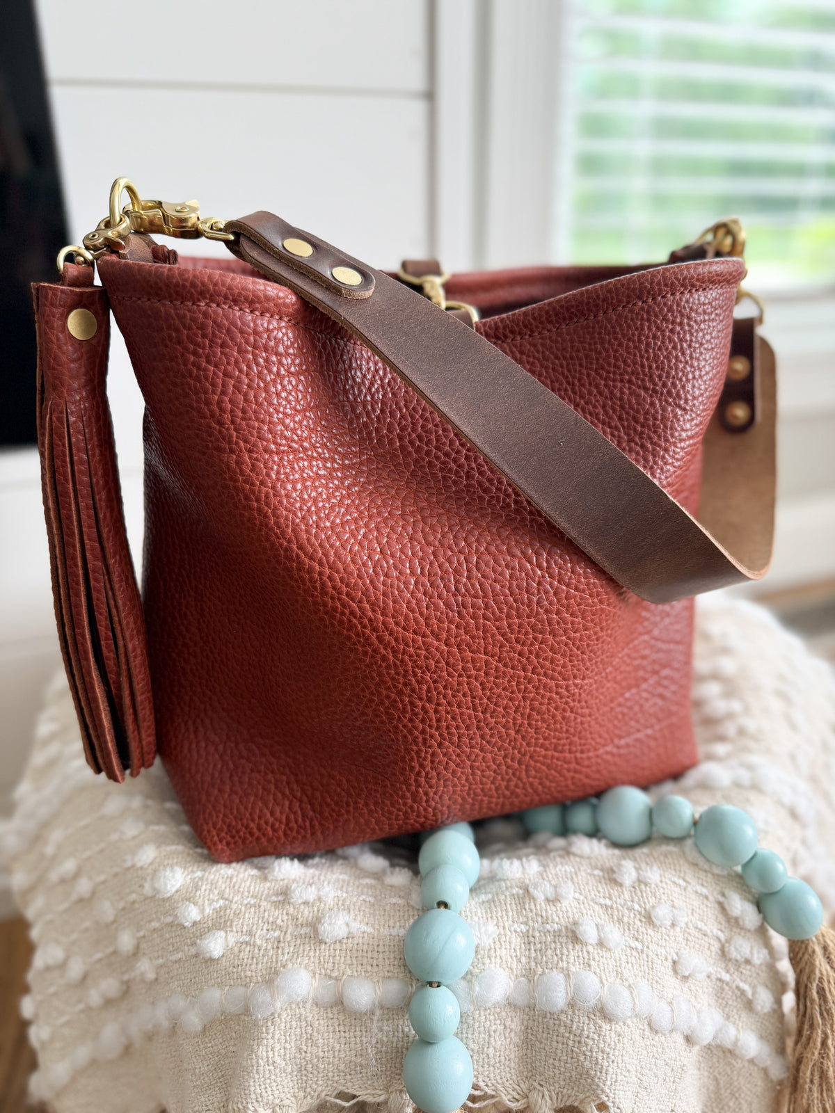 Hobo Bucket in Chestnut Full Grain Bison Leather