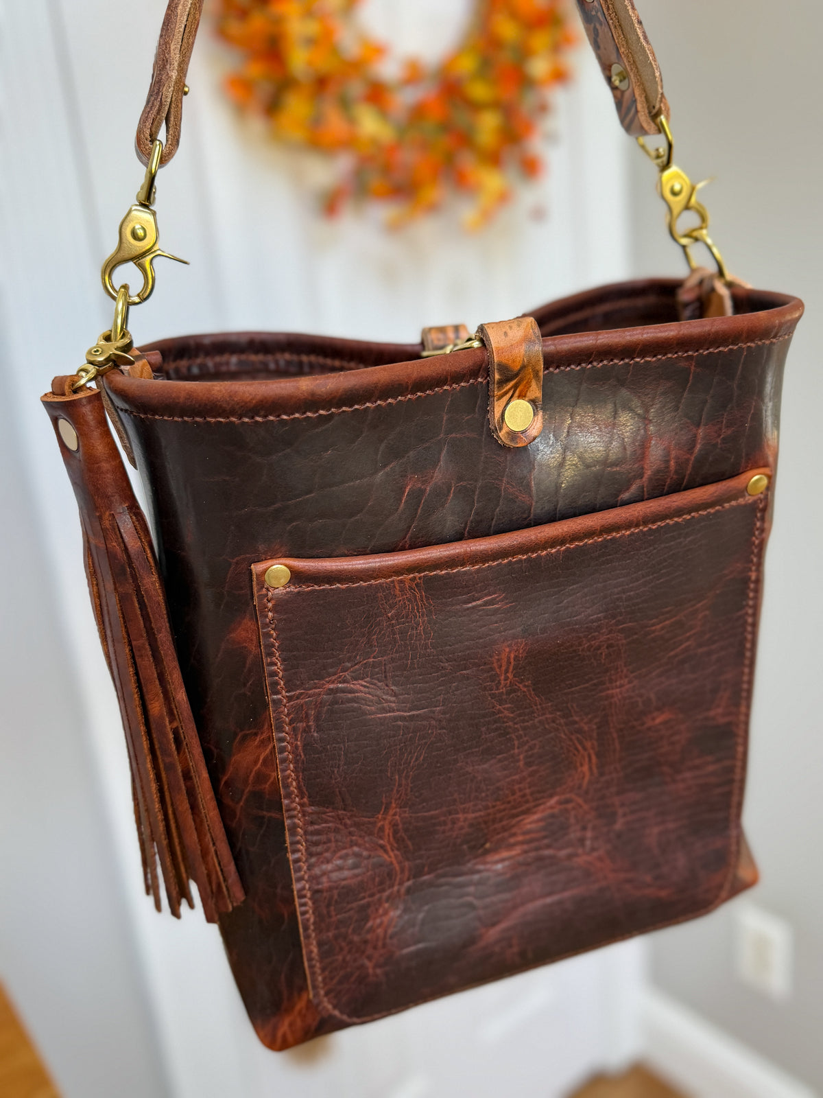 Bennett Bucket in Coffee Full Grain Bison Leather w/Dyed Strap