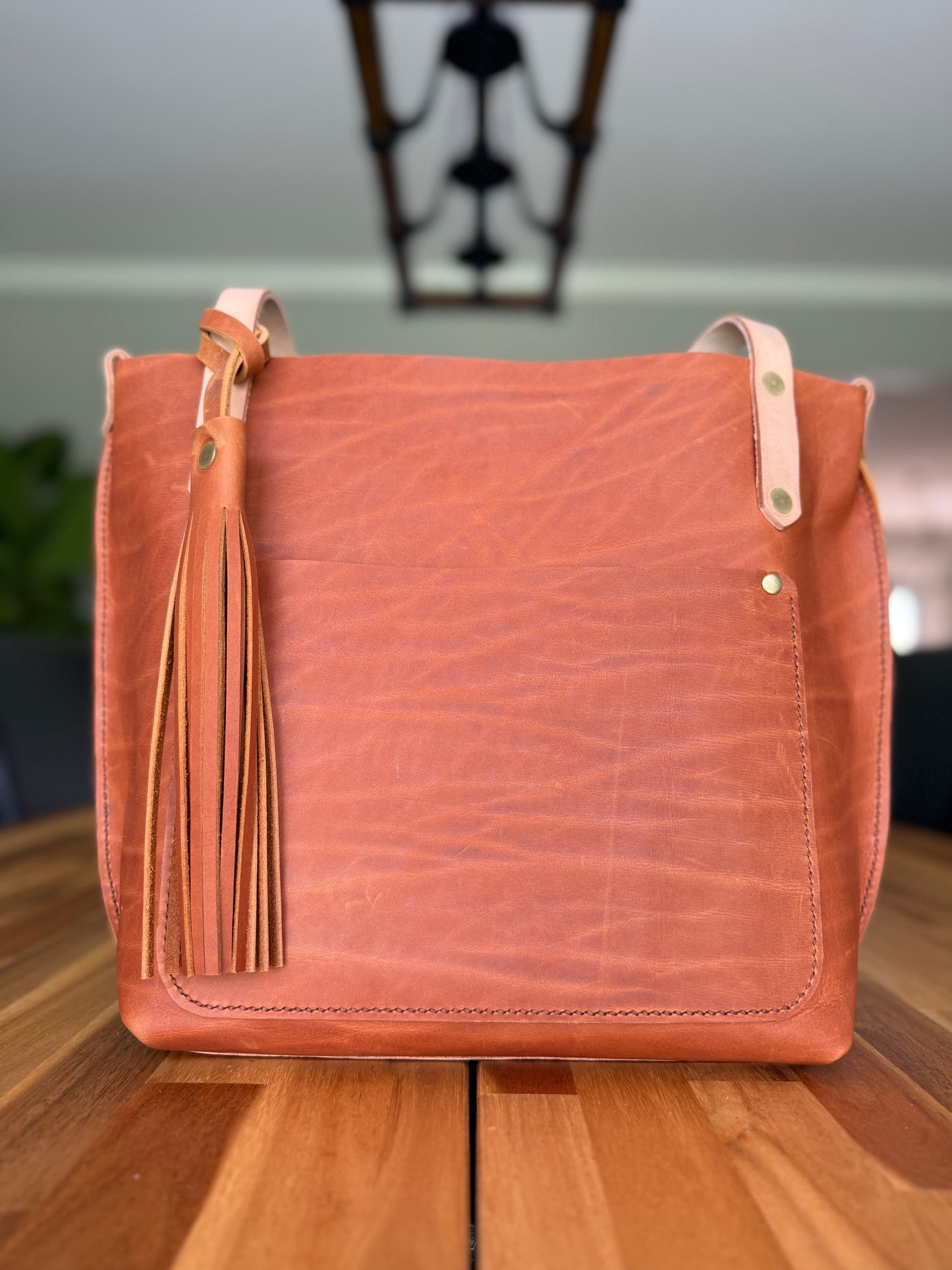 East West Tote in Tawny Full Grain Leather with foot/base