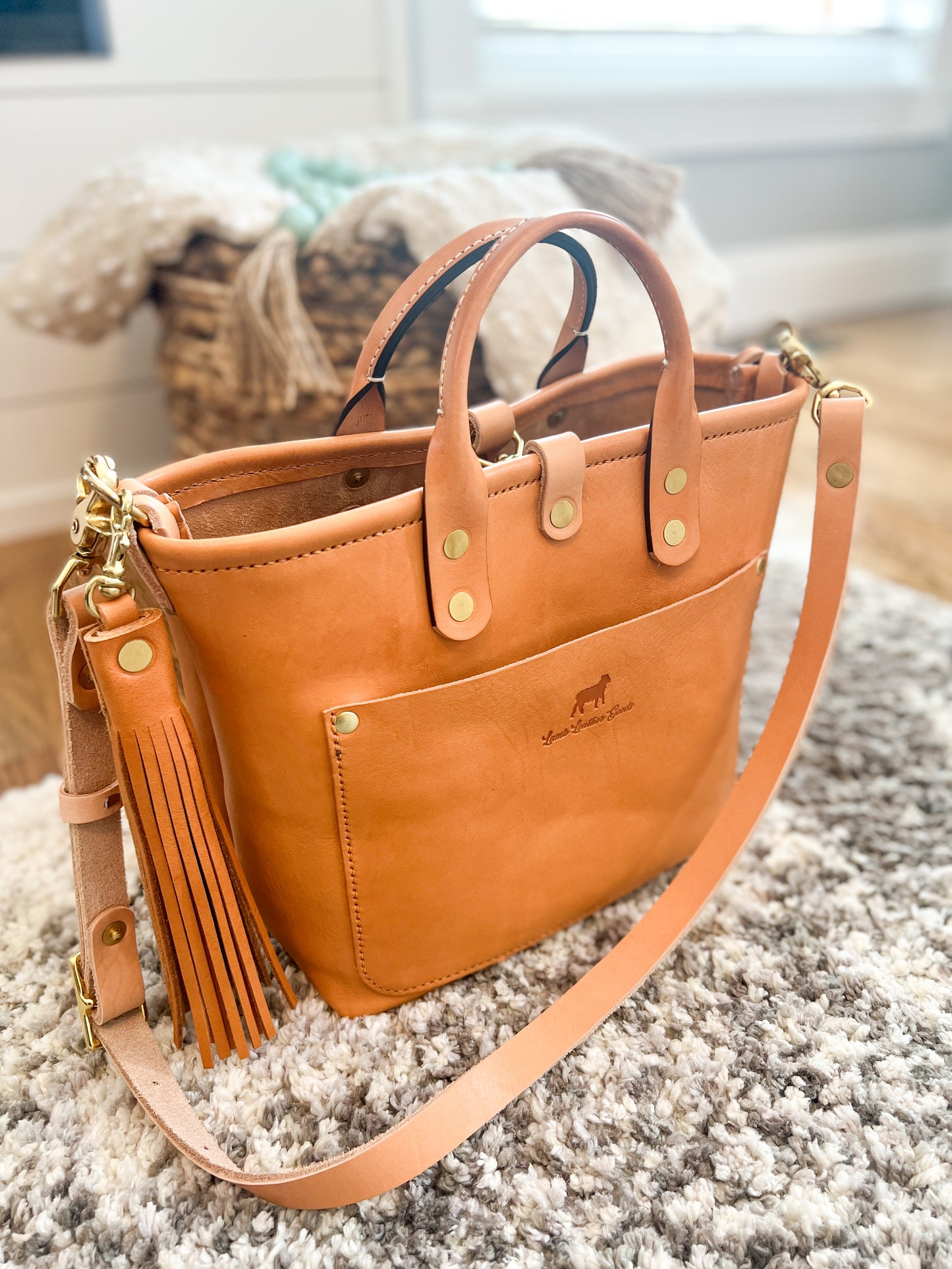 Brookie Medium Crossbody Tote in Natural Italian Full Grain Vegetable Tanned Leather