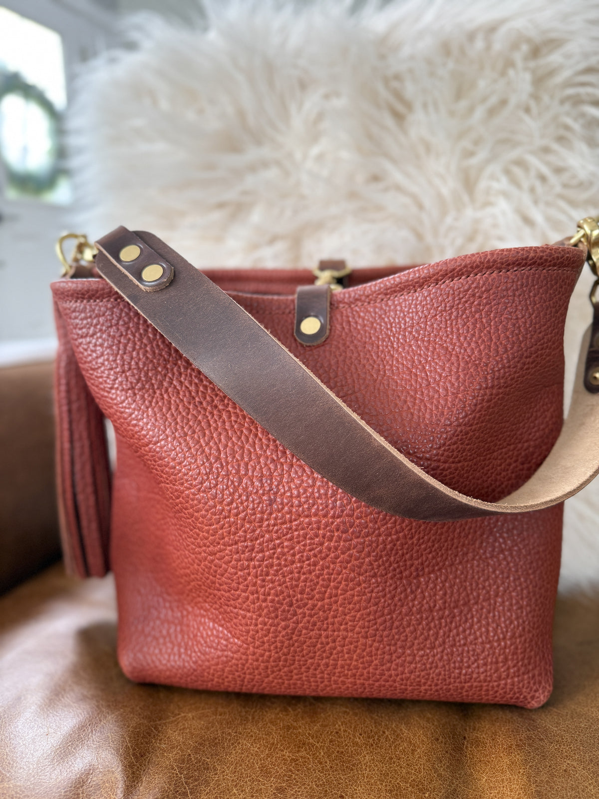 Hobo Bucket in Chestnut Full Grain Bison Leather