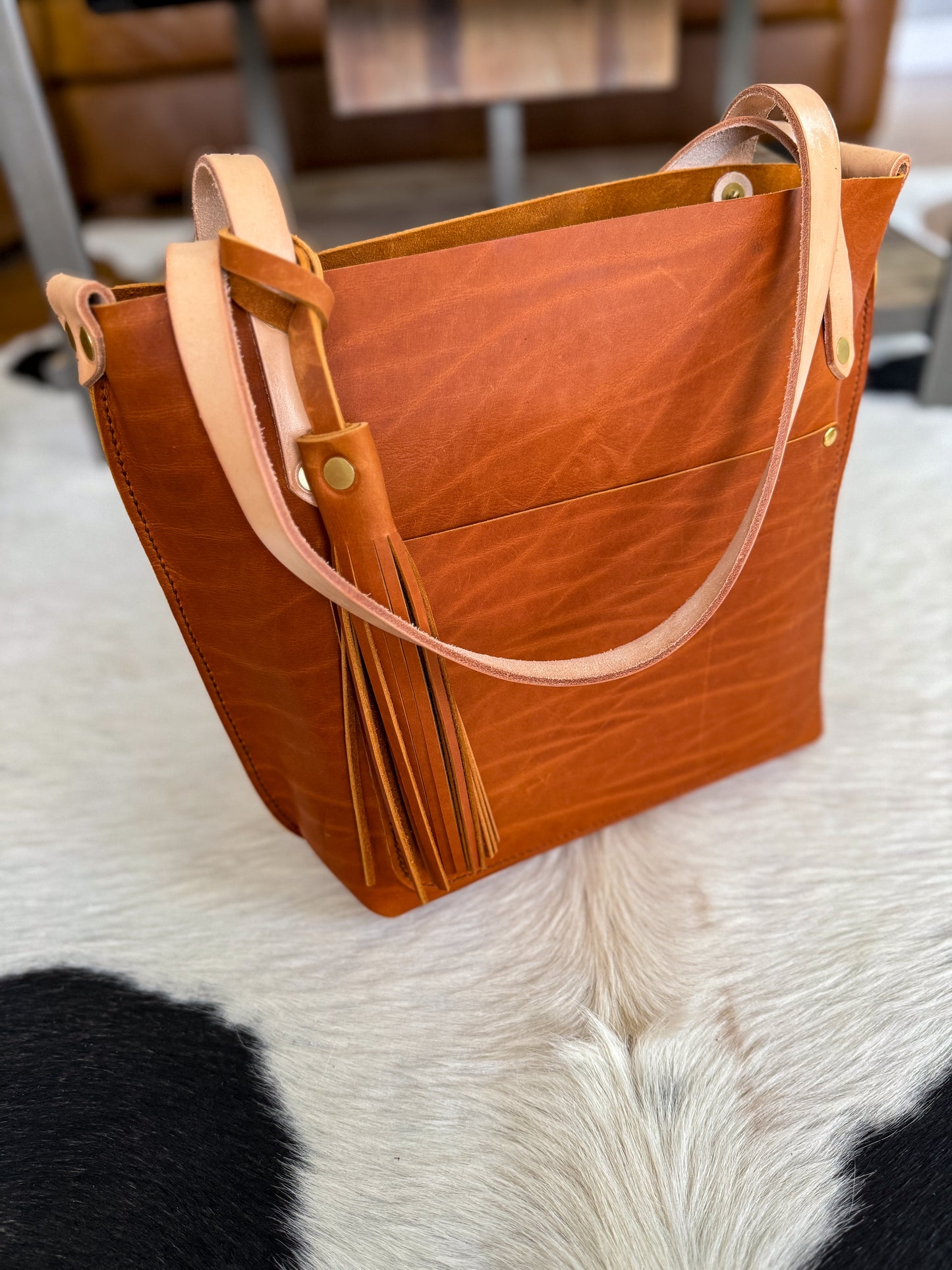 East West Tote in Tawny Full Grain Leather with foot/base