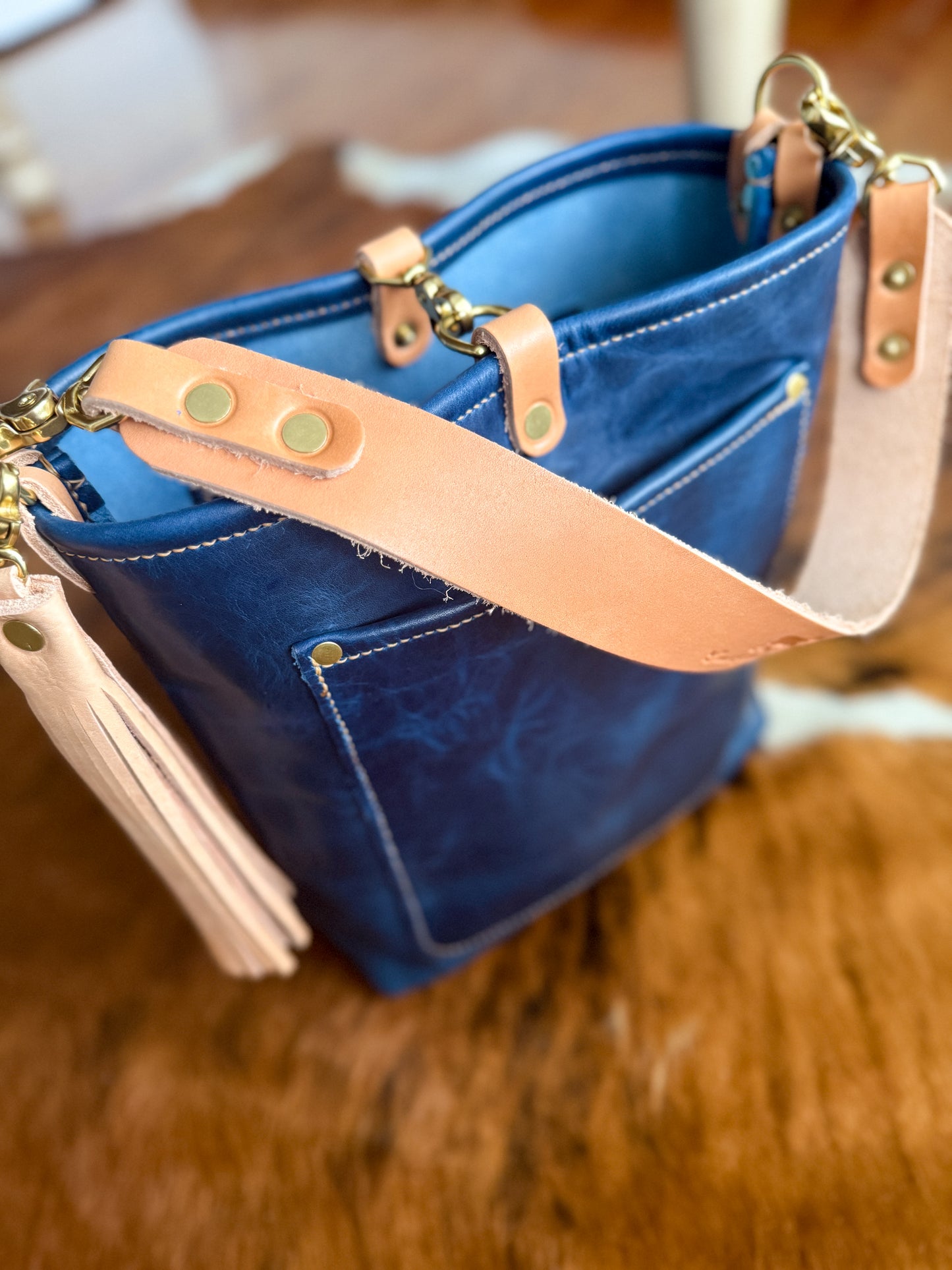 Bennett Bucket in Horween Cobalt Derby Veg Tan Leather