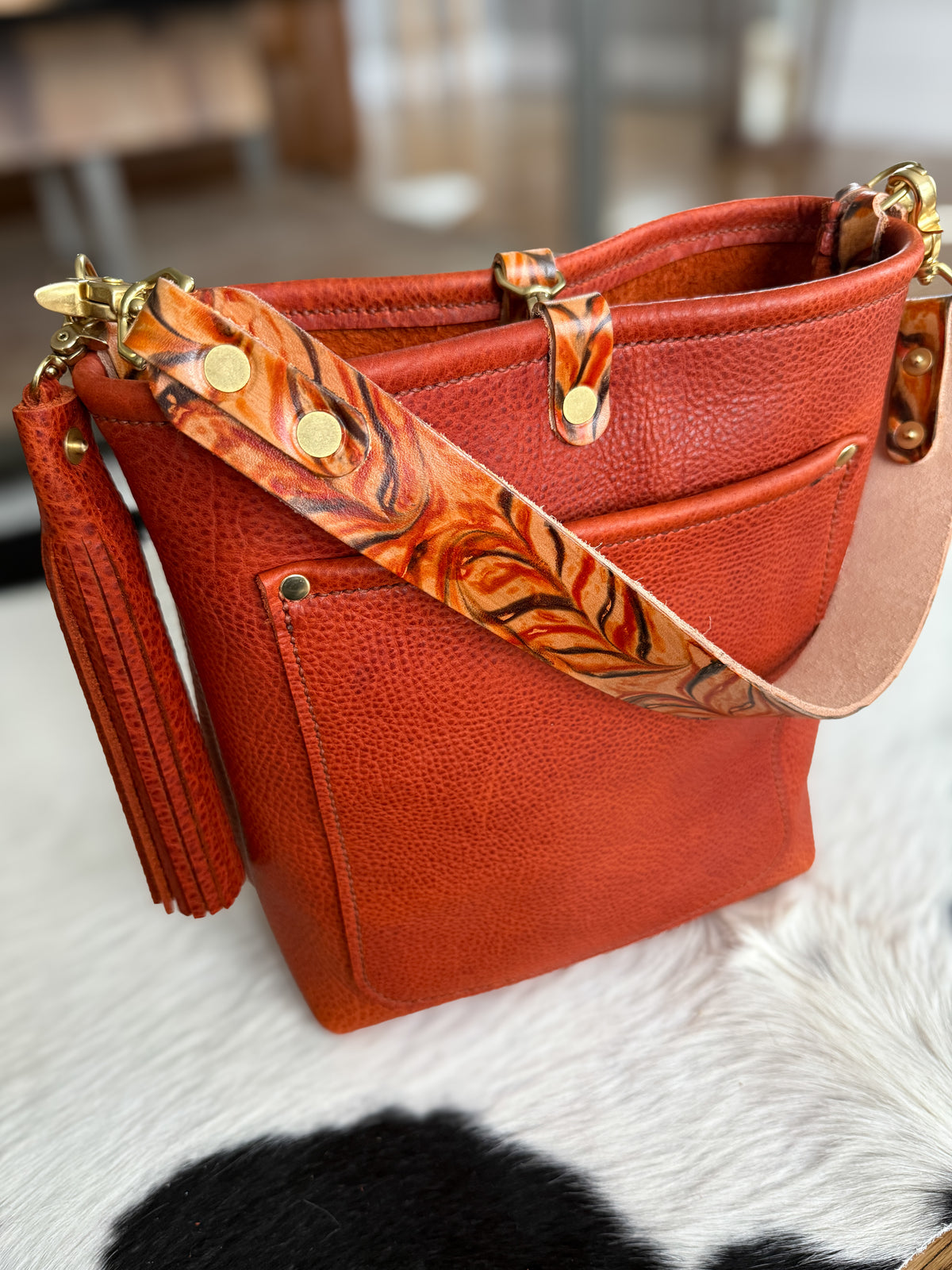 Bennett Bucket in Brick Bison Full Grain Leather w/Candy Strap