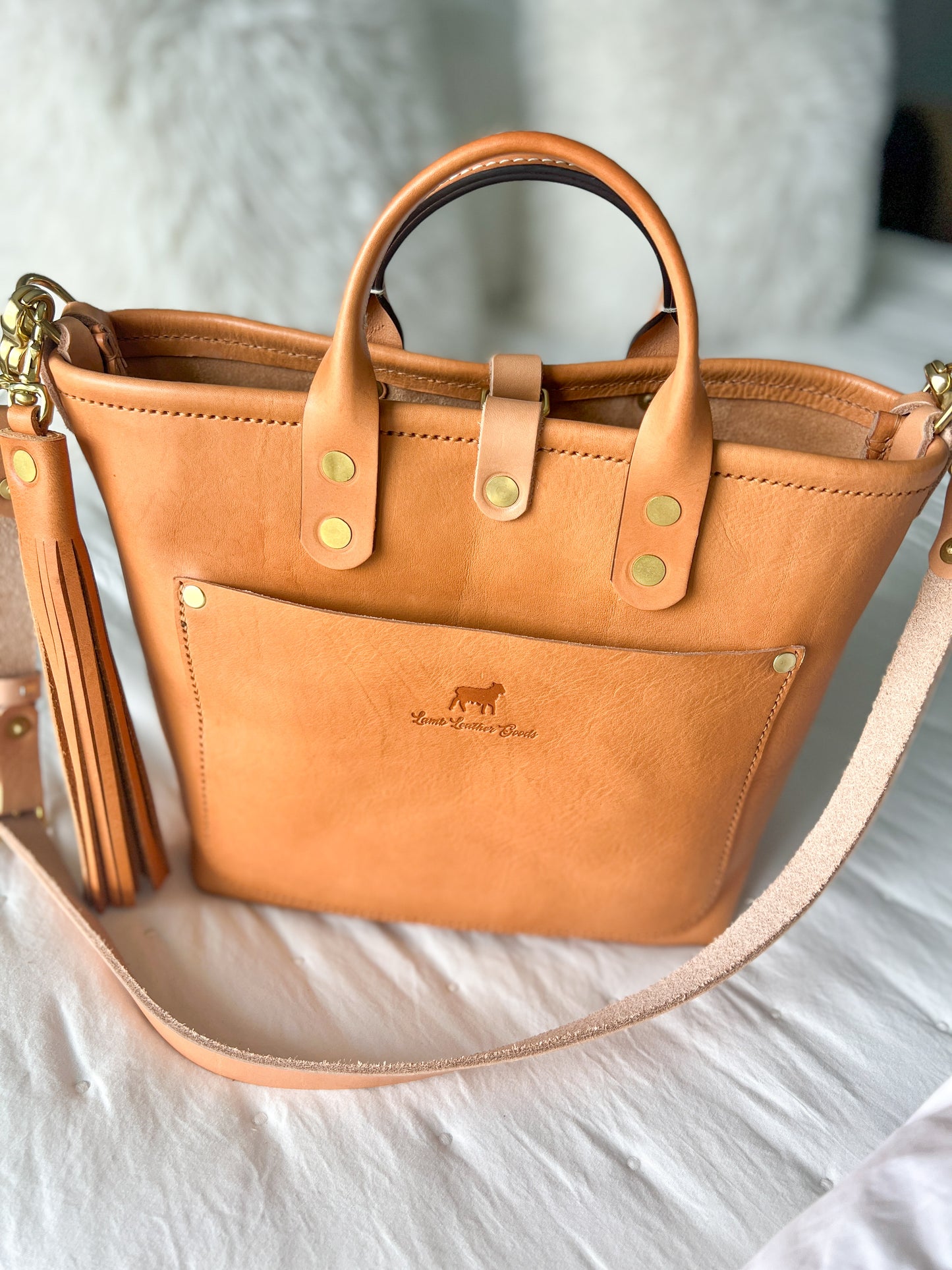 Brookie Medium Crossbody Tote in Natural Italian Full Grain Vegetable Tanned Leather