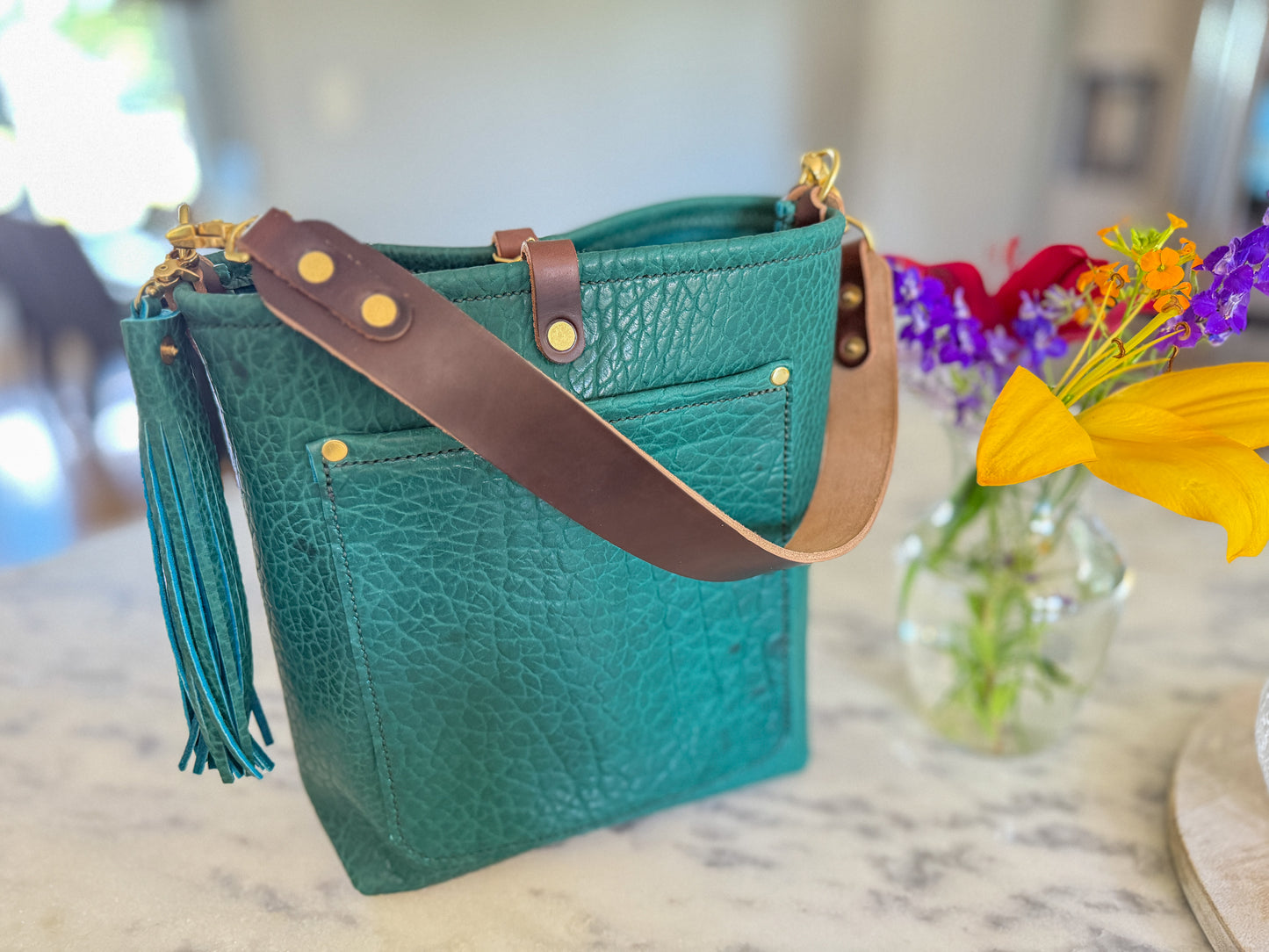 Bennett Bucket in Peacock Full Grain Bison Leather