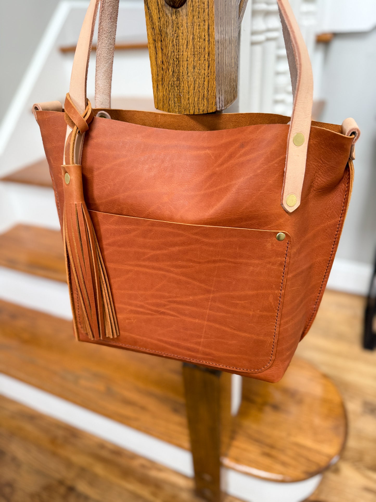 East West Tote in Tawny Full Grain Leather with foot/base