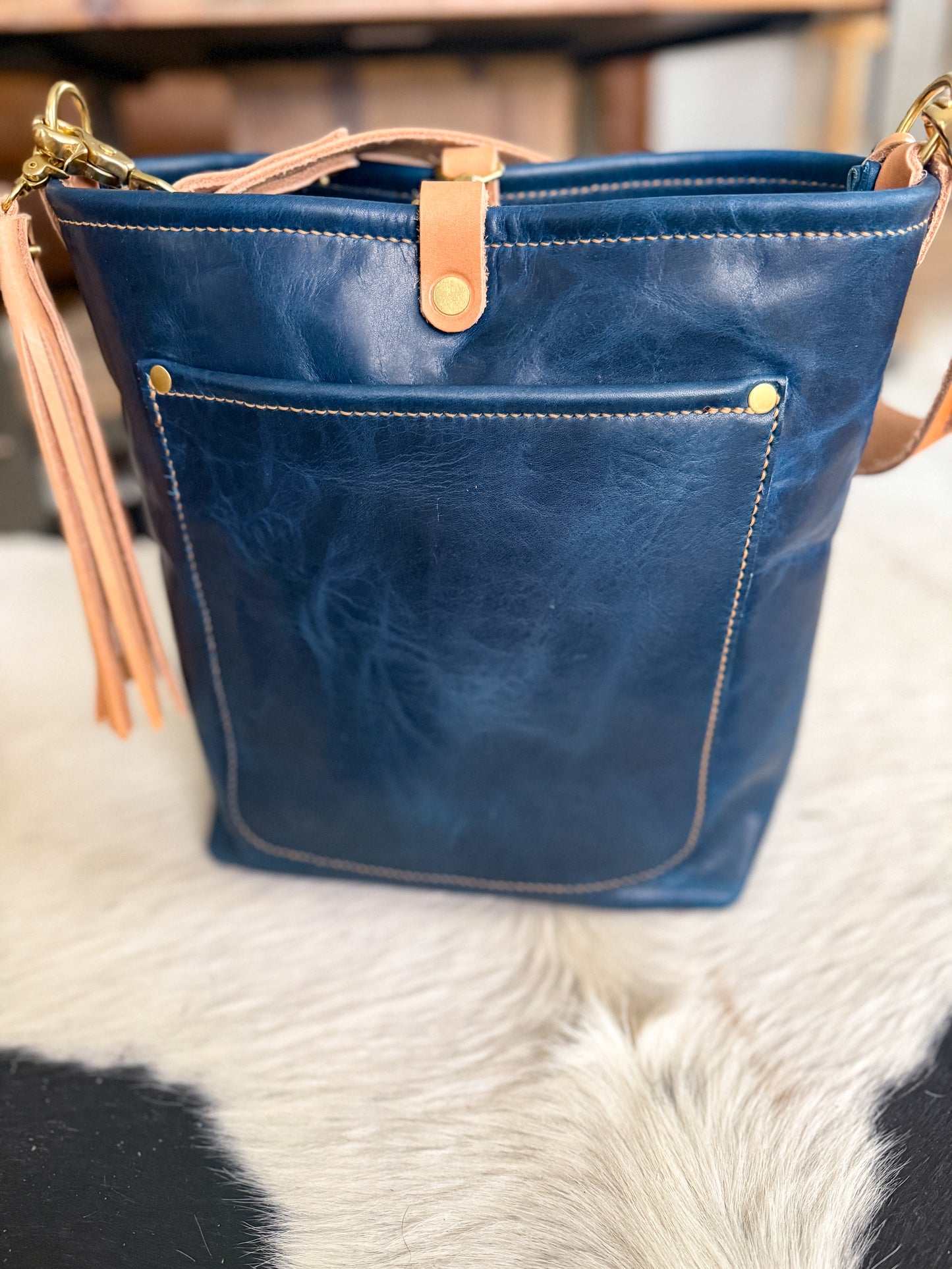 Bennett Bucket in Horween Cobalt Derby Veg Tan Leather