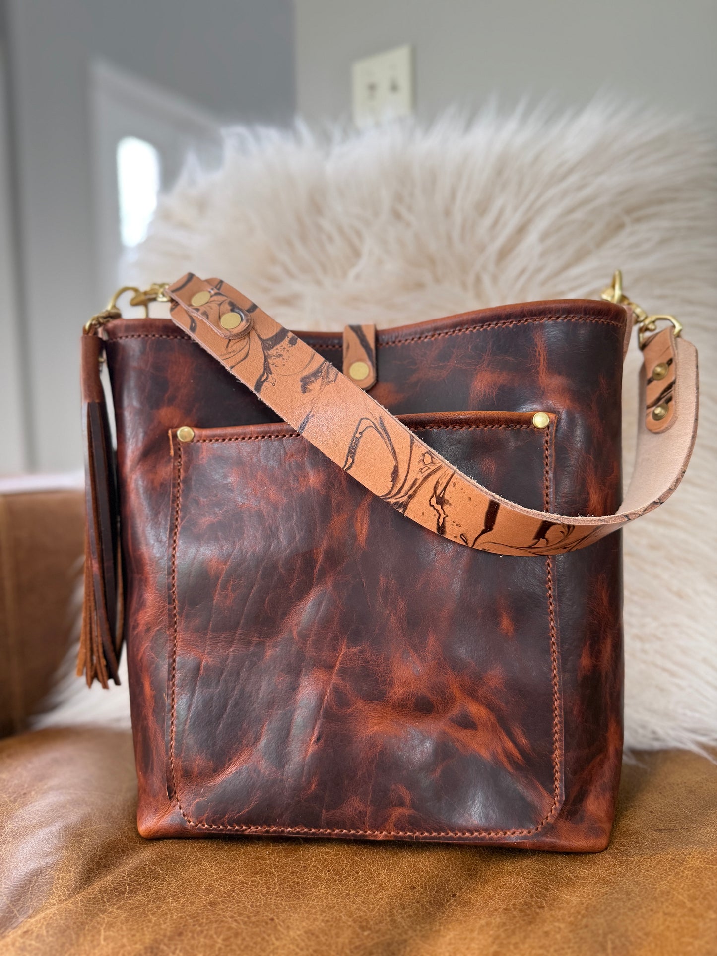 Bennett Bucket in Coffee Full Grain Bison Leather w/Dyed Strap