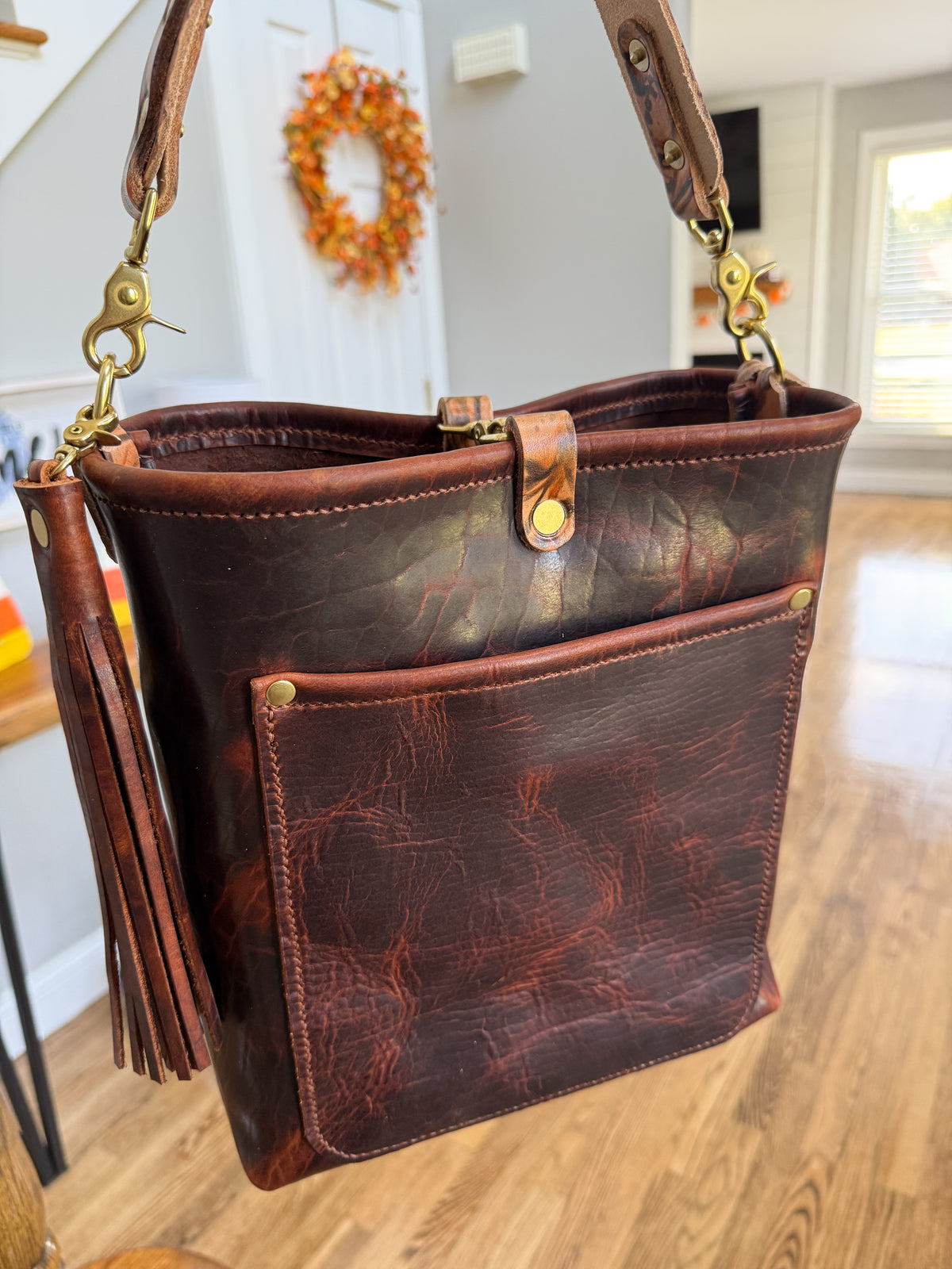 Bennett Bucket in Coffee Full Grain Bison Leather w/Dyed Strap