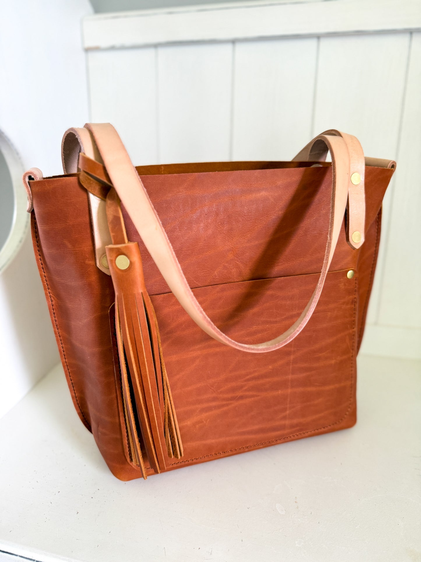 East West Tote in Tawny Full Grain Leather with foot/base